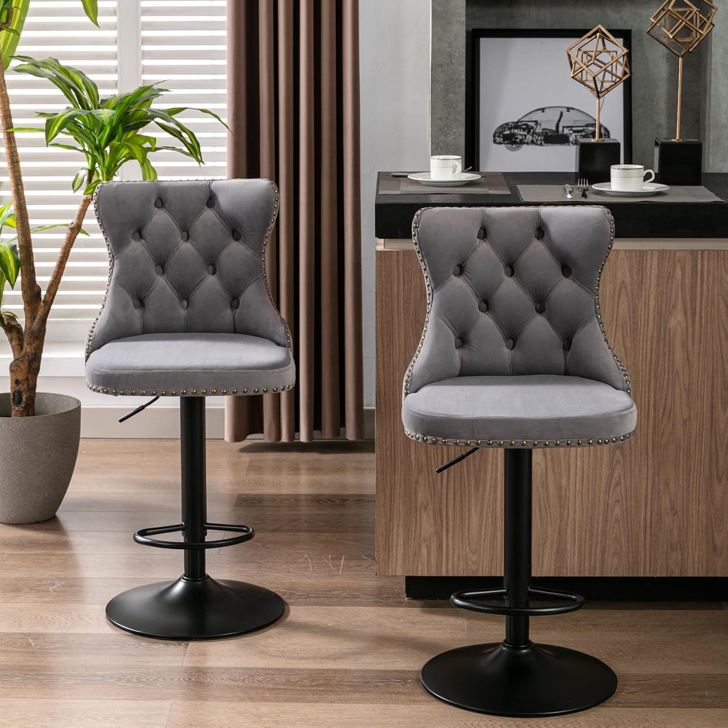 PacknWood Acosure Swivel Velvet Barstools Adjusatble Seat Height from 25-33" with 17.7" Base and Backs Comfortable Tufted,Modern Upholstered Bar Chairs for Home Pub Kitchen,Gray,Set of 2