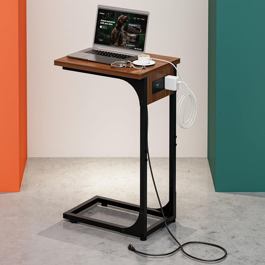 C-Shaped Side Table for Couch - Small Coffee Stand Sofa Tray Desk with Metal Frame Waterproof Scratch Resistant Wood Top and Built-in Charging Station, Rustic Walnut