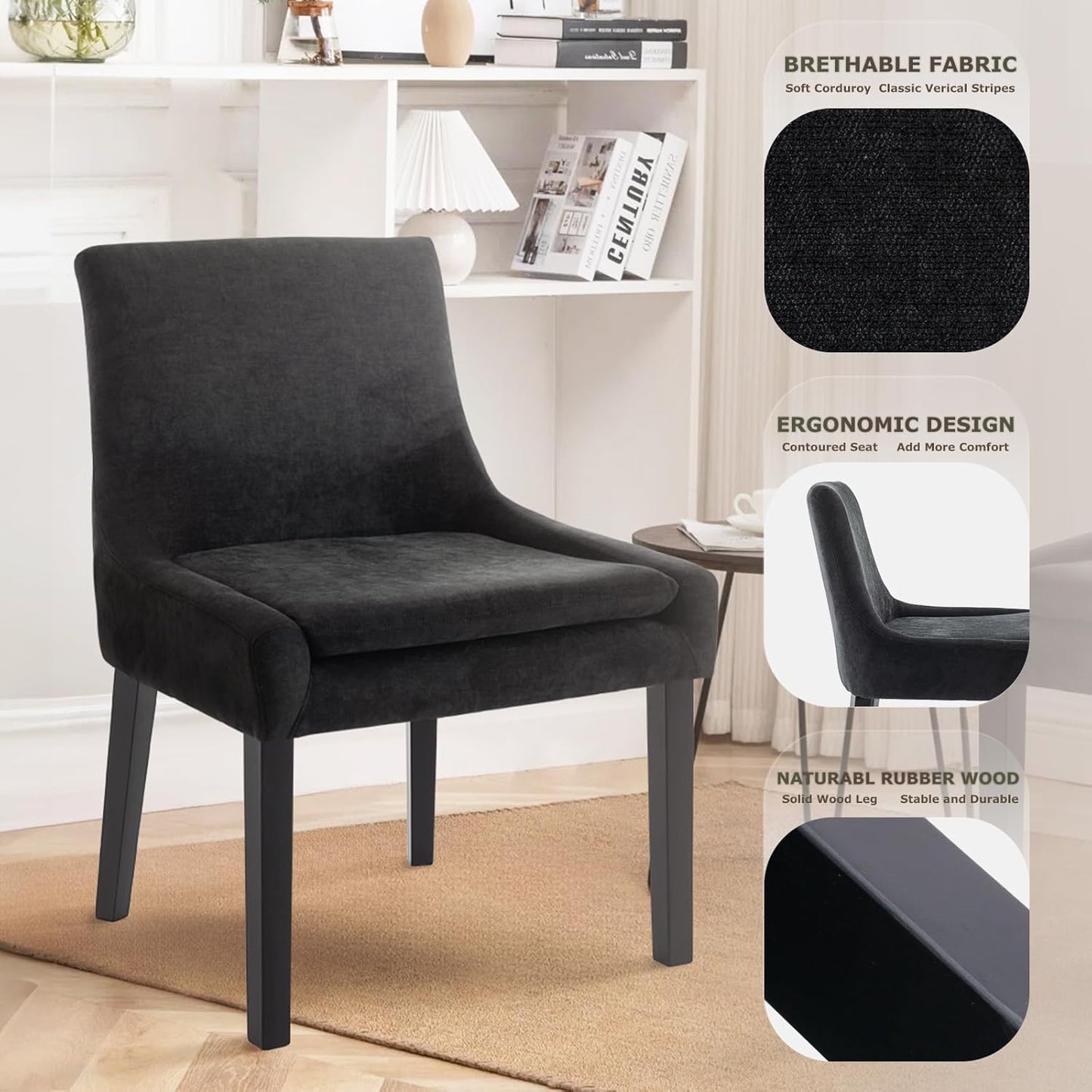 COLAMY Modern Dining Chairs Set of 6, Upholstered Corduroy Accent Side Leisure Chairs with Mid Back and Wood Legs for Living Room/Dining Room-Black