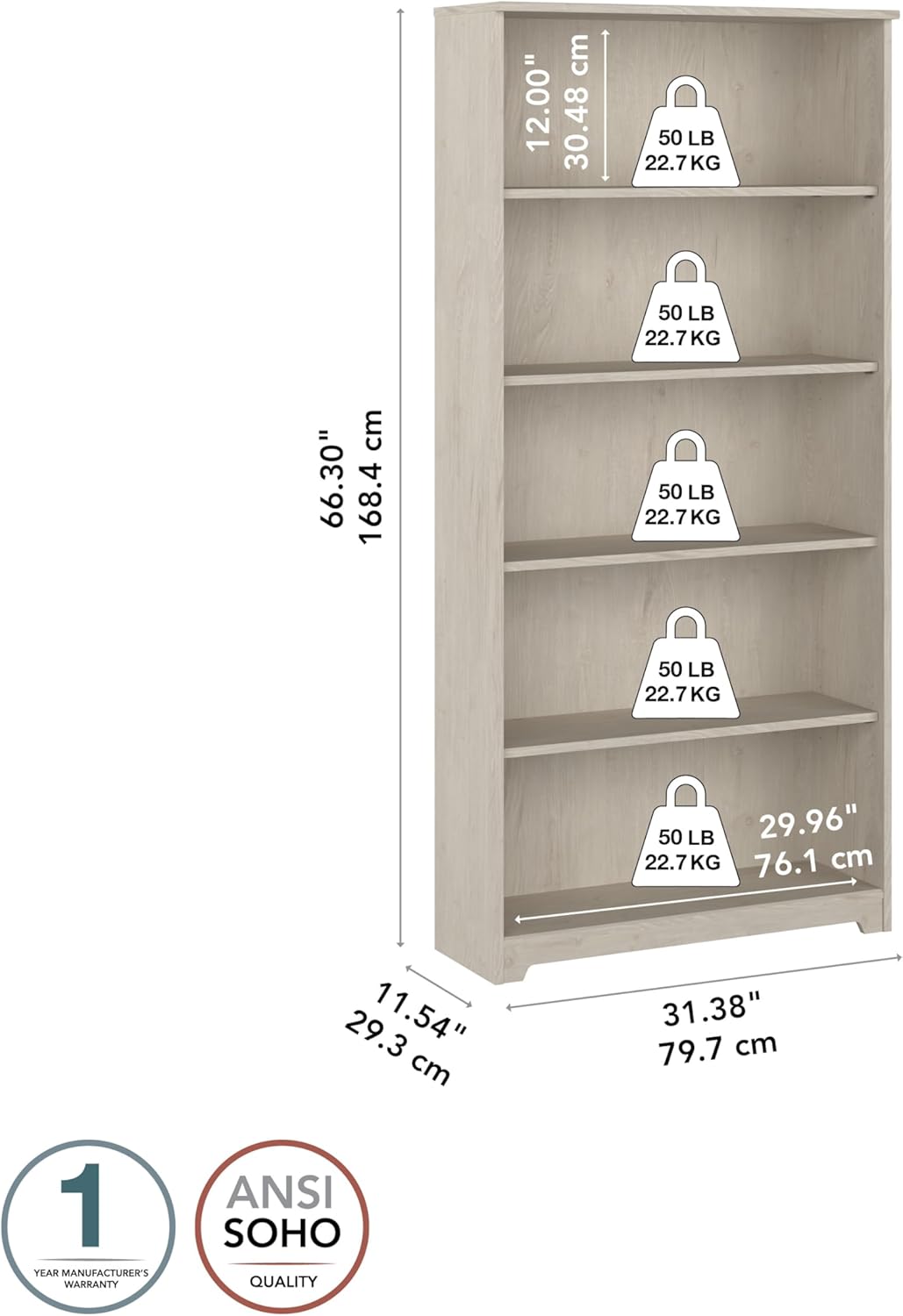 Bush Furniture Cabot Tall 5 Shelf Bookcase | Large Open Bookshelf in Linen White Oak | Sturdy Display Cabinet for Library, Living Room, and Home Office
