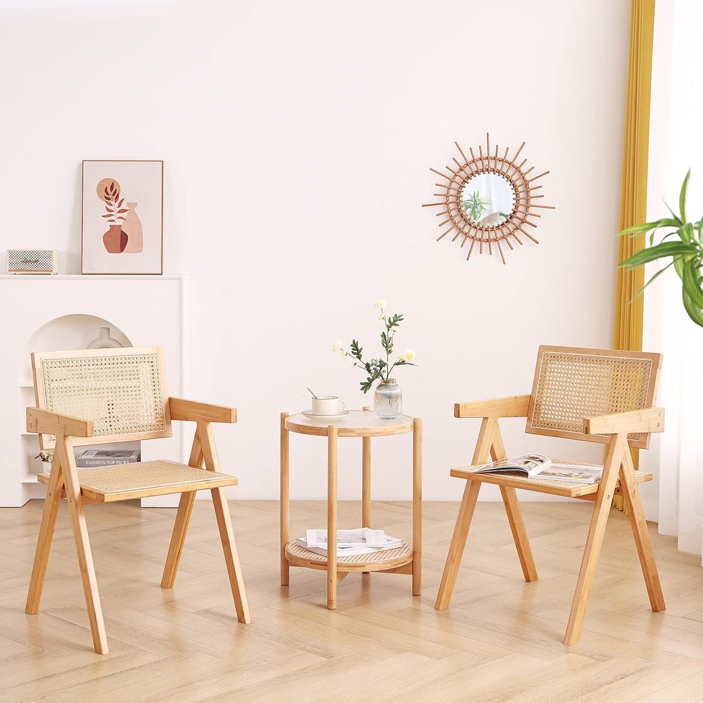 Rattan Dining Chairs Set of 4, Modern Mid Century Accent Chairs, Comfy Armchairs, Outdoor Rattan Chairs with Armrest for Bedroom Living Room Reading Room Dining Kitchen