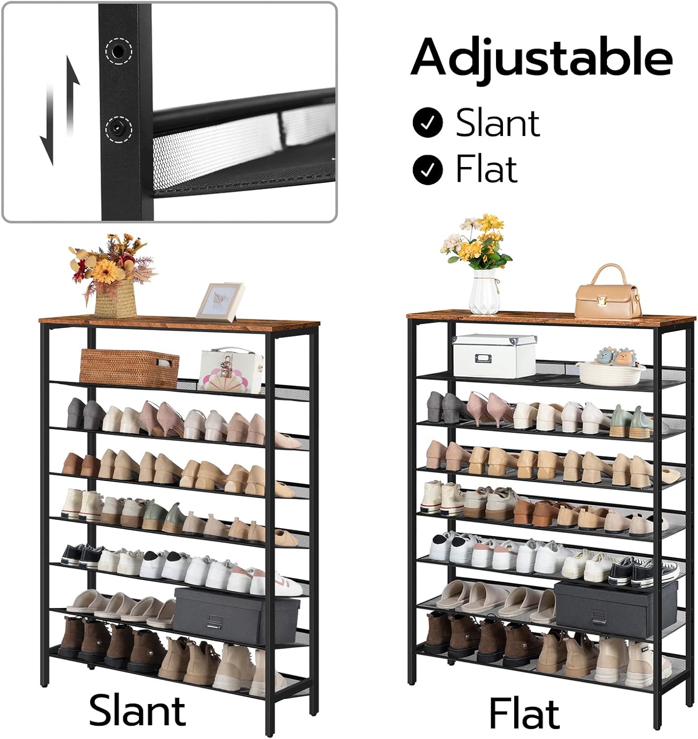 HOOBRO 8 Tier Shoe Rack, 39.4"L Shoe Shelf, Large Capacity Shoe Storage Organizer for 30+ Pairs of Shoes, Front Door Entrance, Entryway, Hallway, Closet, Space Saver, Rustic Brown and Black BF118XJ01