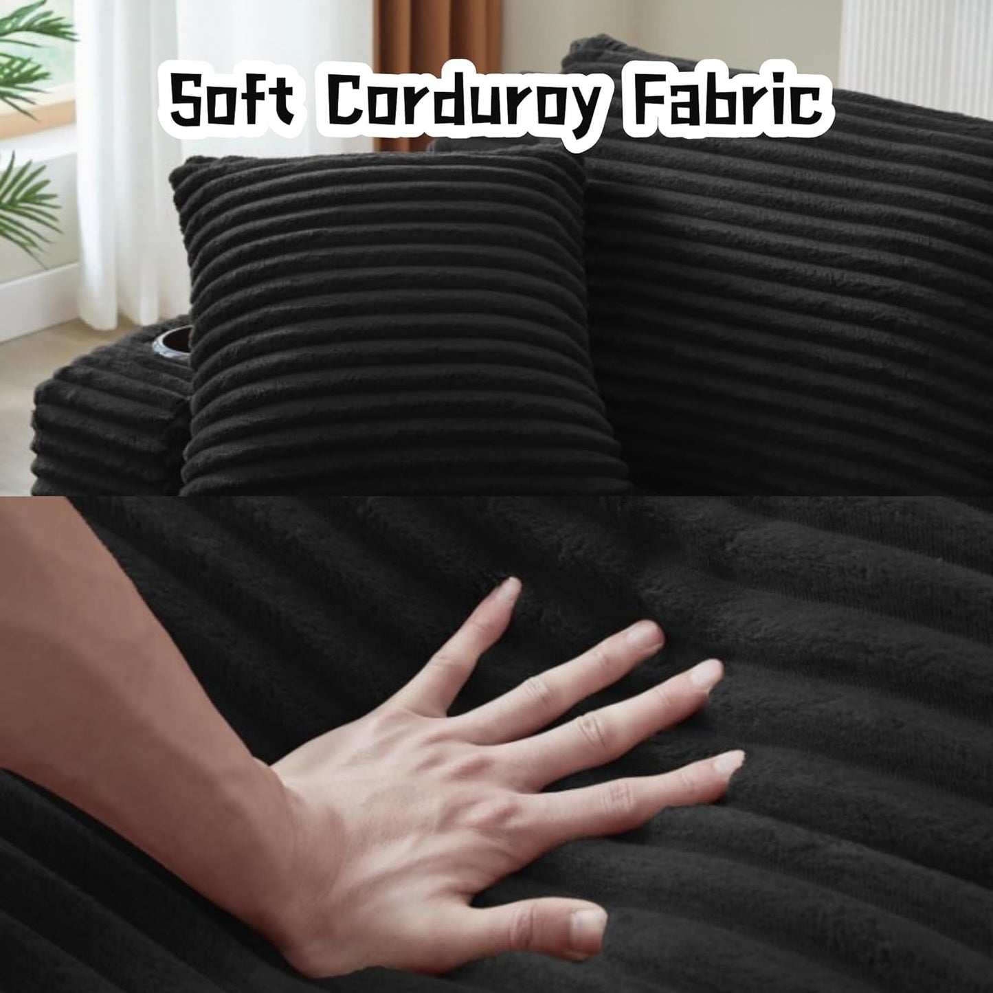 Oversized Sectional Double Chaise Lounge, Compressed Boneless Lounge Chaise with Cupholders, Boneless Sofa with Deep Seat, Fluffy Modern Sleeper Loveseat for Indoor Living Room, Black