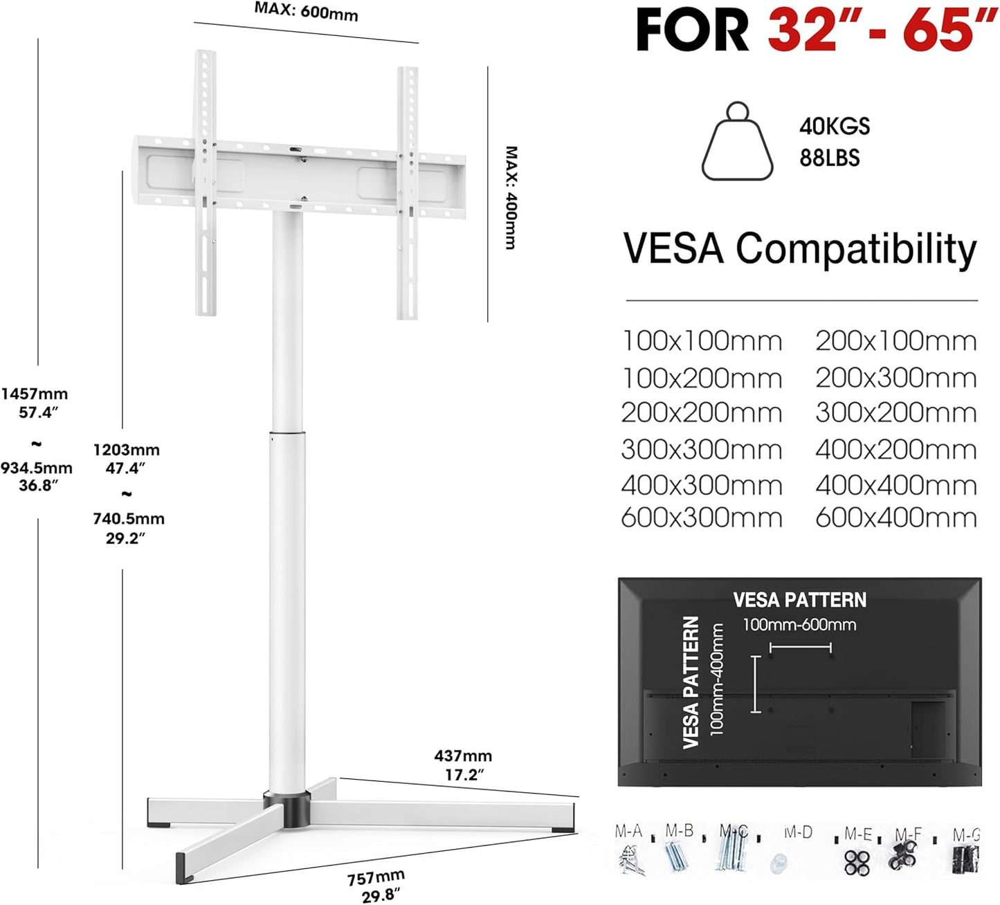Modern Minimalist Swivel Floor TV Stand for 32-65 Inch TVs up to 88lbs, 12 Levels Height Adjustable with Tilt, Space Saving TV Mount Stand for Living Room/Bedroom, Iron Base, MAX VESA 600x400mm