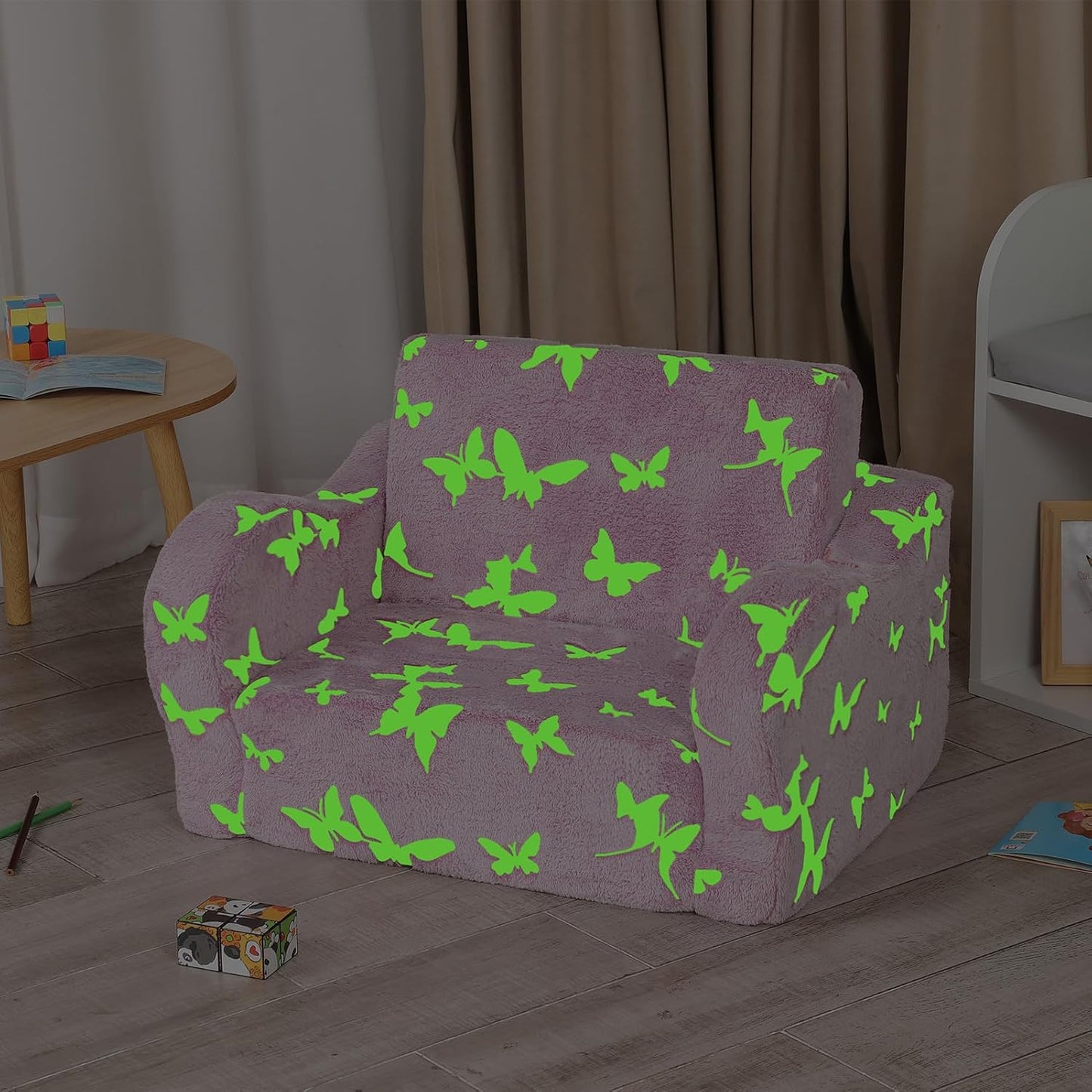 Butterfly Glow in The Dark Toddler Couch, 2-in-1 Toddler Soft Couch Fold Out with Star Pillow, Convertible Sofa to Lounger for Girls and Boys, 1-Seat