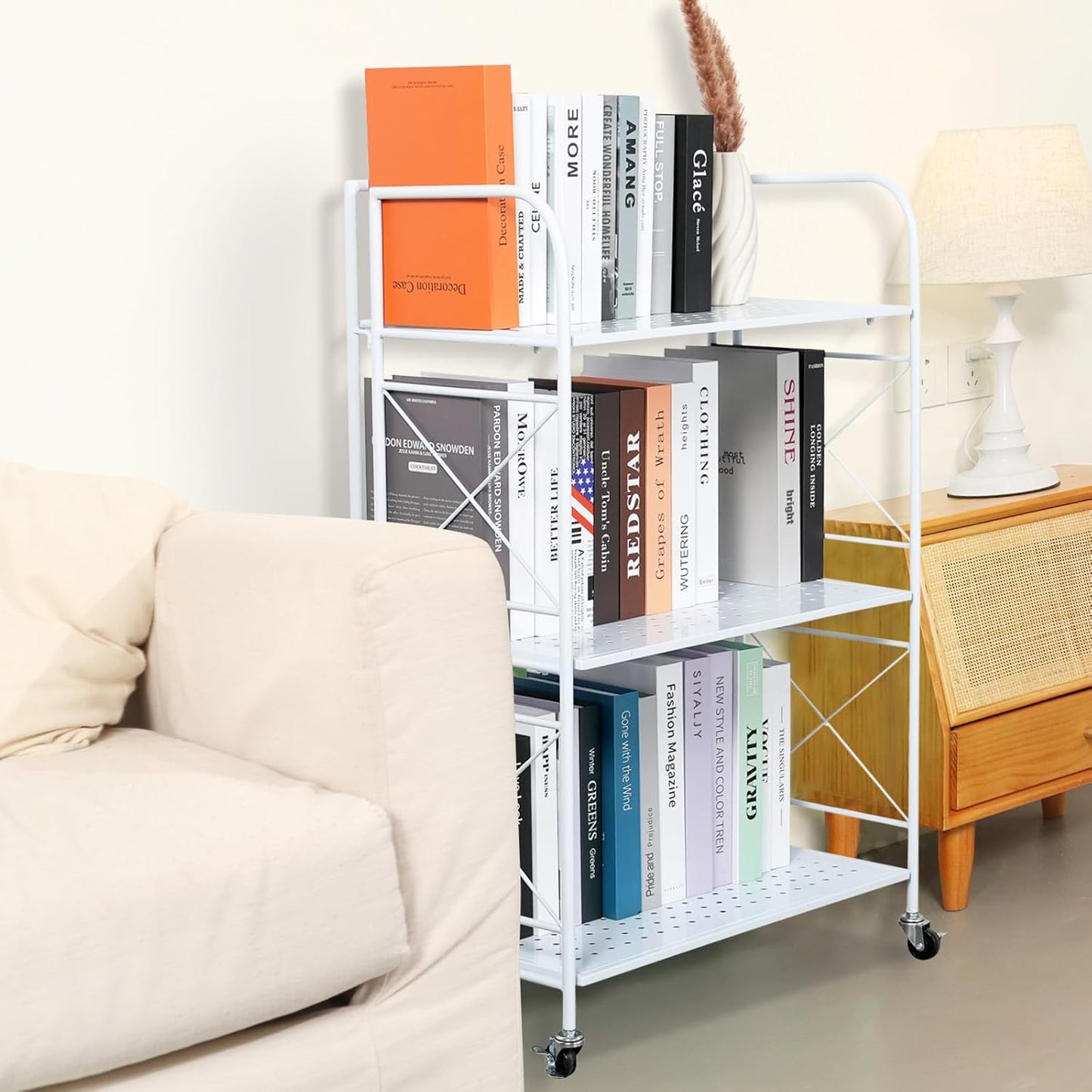 Foldable 5-Tier Metal Shelf with Wheels - Folding Bookshelf Unit for Living Room, Kitchen, Study 12.6" D x 23.6" W x 57.0" H, Glossy White