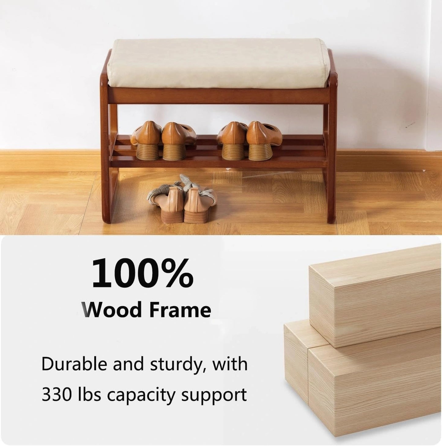 Solid Wood Shoe Bench, 2-Tier Wooden Entryway Bench, Modern Shoe Rack with Faux Leather Cushion for Hallway, Living Room (Gray, 21.65'')