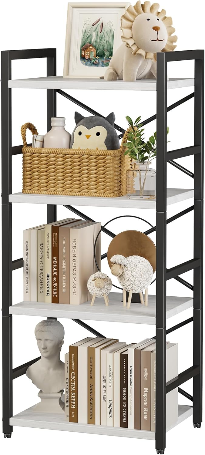 Homeiju 4 Tier Small White Metal Bookcase for CD/Movie/Book, Book Shelf Organization and Storage for Living Room, Kid's Room, and Home Furniture - 1018WH