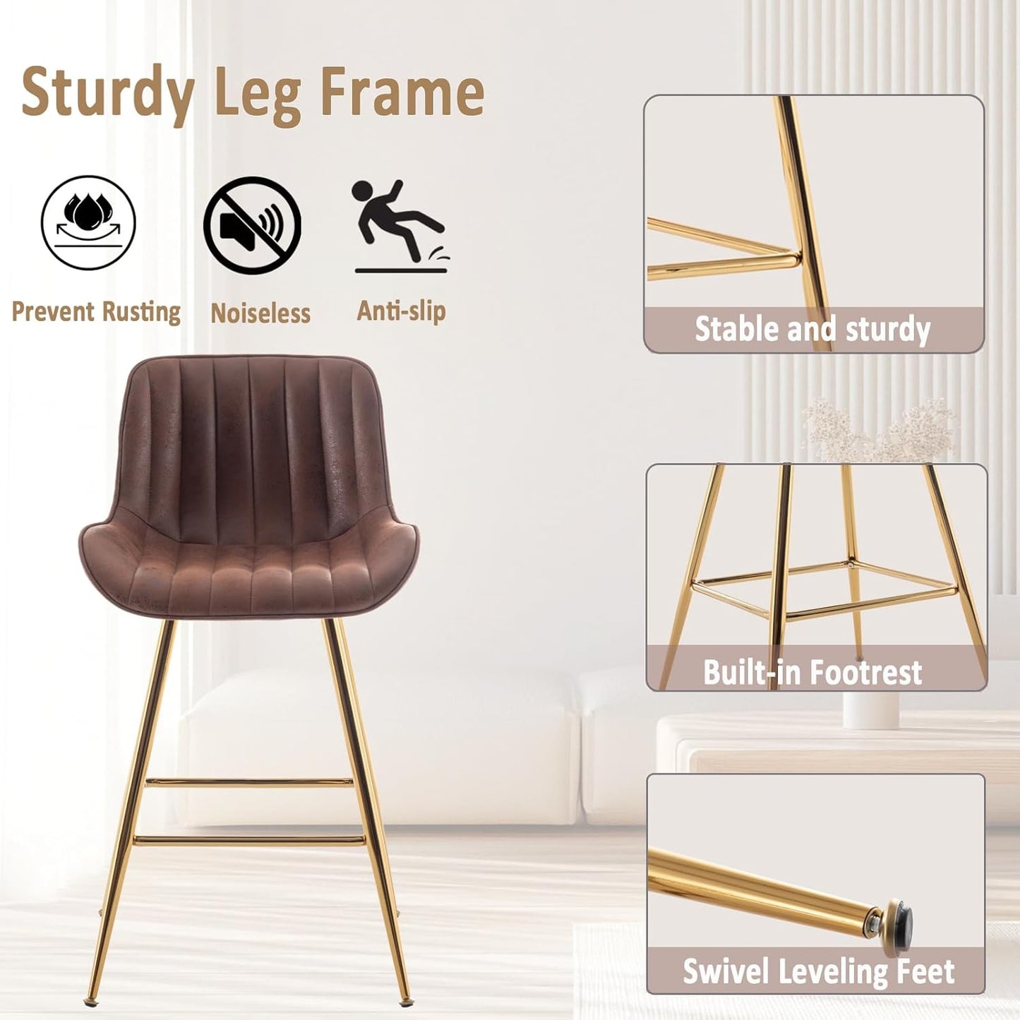 Sidanli Brown Velvet Bar Stools-Set of 2, 24 Inch Bar Stools for Kitchen Counter