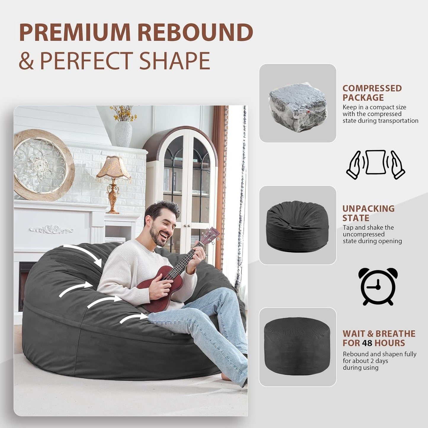 5FT Bean Bag Chair, Large Bean Bag Chairs with Memory Foam Filled, Fluffy Beanbag Sofa with Dutch Velvet Cover, Round BeanBag Chairs for Living Room, Playroom - Grey