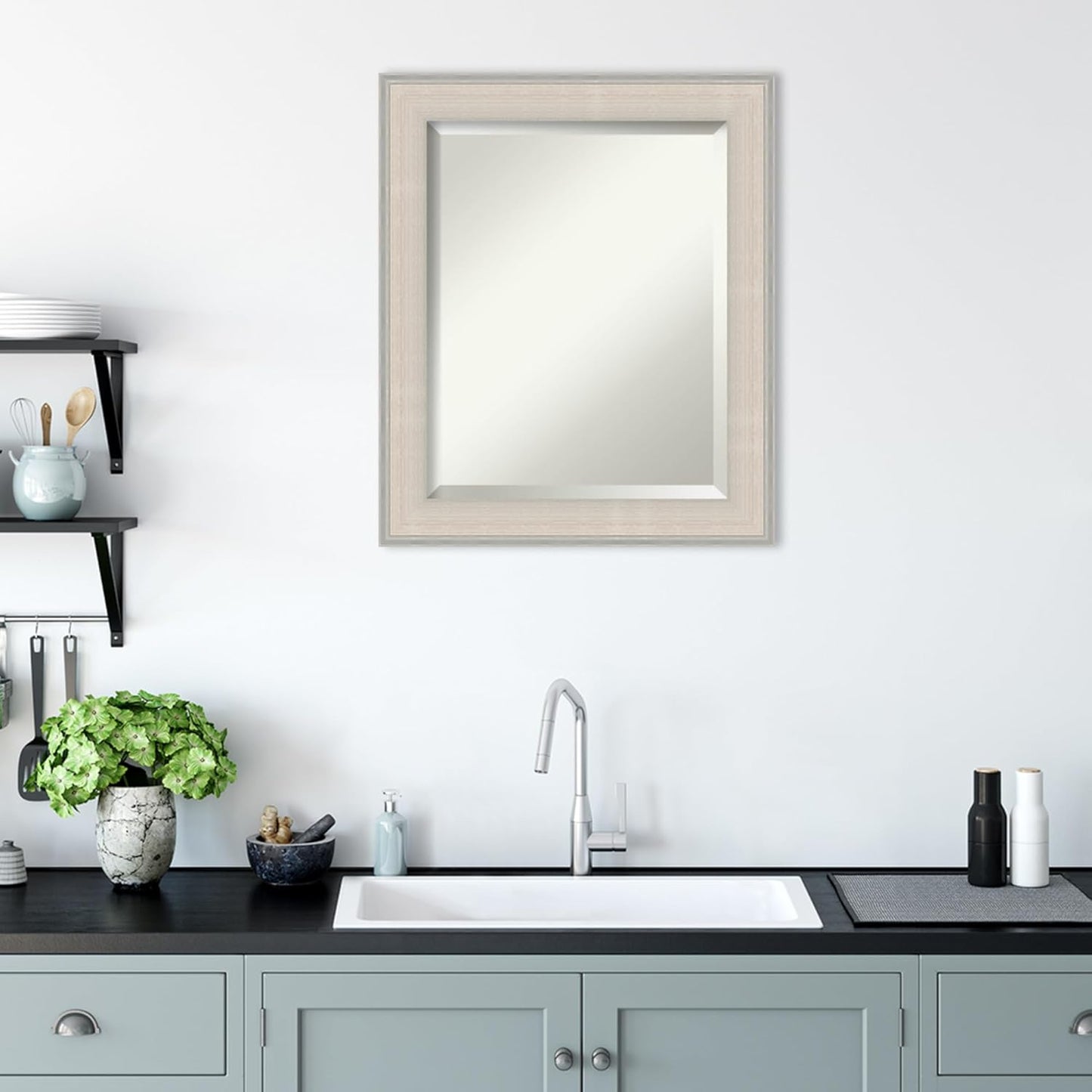 Amanti Art White Bathroom Mirror for Over Sink, 25x21 Cottage White Silver Rectangle Vanity Mirror, Small Coastal Wood Frame, Hangs Horizonally and Vertically, Bathroom Wall Decor, Beveled Edge