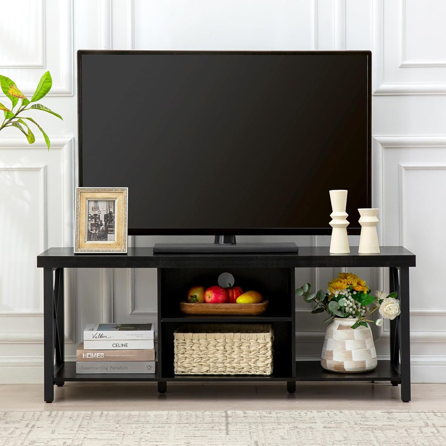 GAZHOME TV Stand for TV up to 55 Inches, TV Cabinet with Open Storage, TV Console Unit with Shelving for Living Room, Entertainment Room, Black
