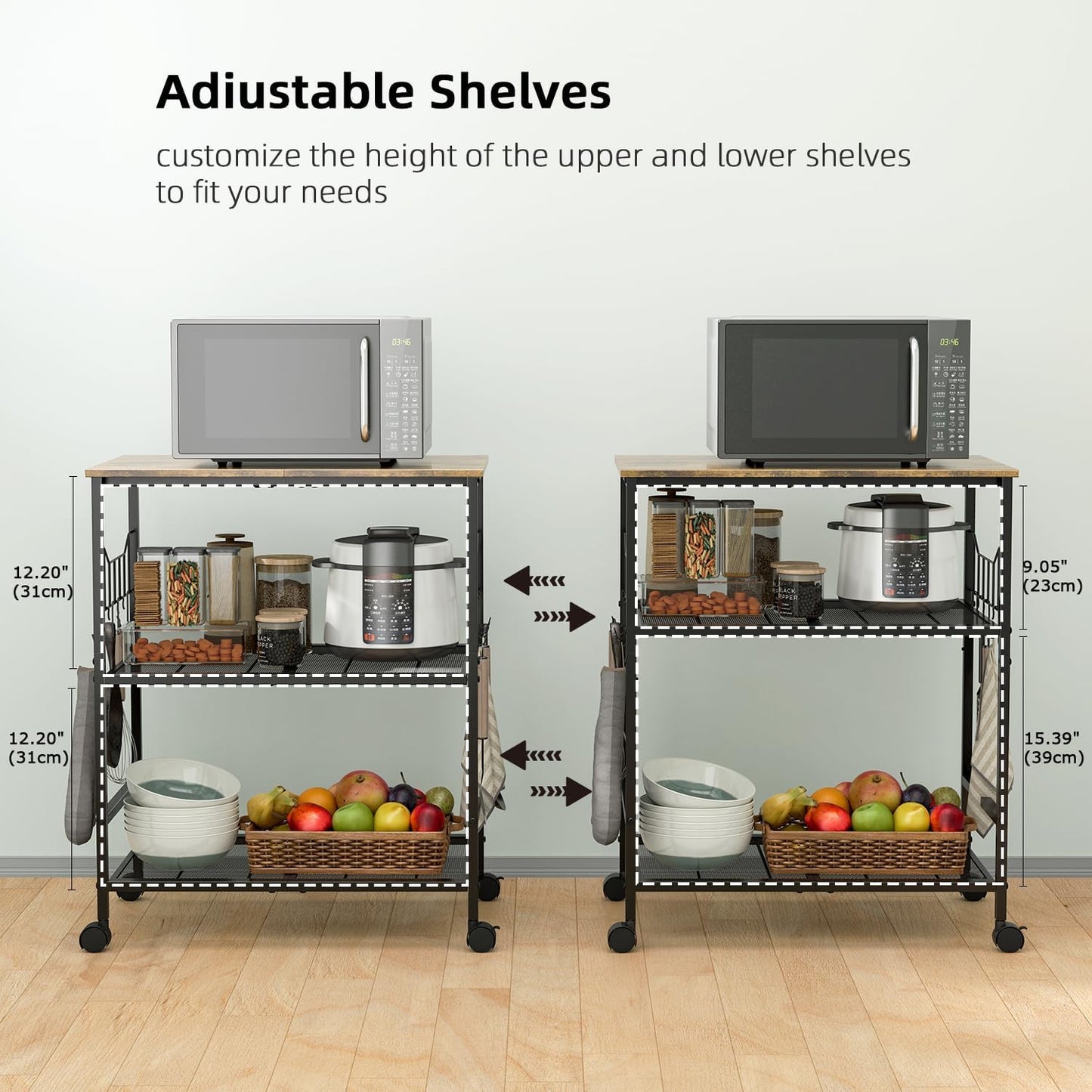 Rolling Kitchen Microwave Cart with Wheels, 3 Tier Microwave Storage Cart with Adjustable Shelves, Coffee Table, Utility Cart for Kitchen, Living Room, Office, Laundry Room