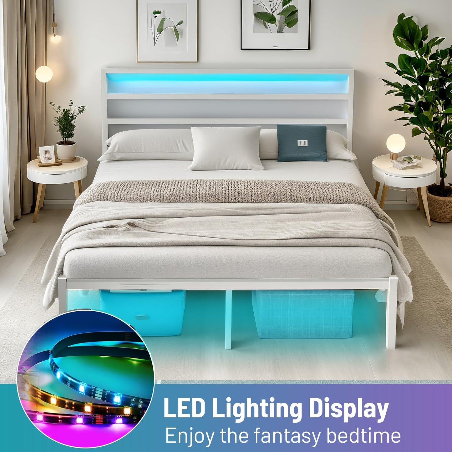 Full Size Bed Frame with Headboard,Heavy Duty Steel Slats Support-LED Bed Frame with USB Charging Station,Mattress Foundation-Under Bed Storage,No Box Spring Needed,Noise Free,White