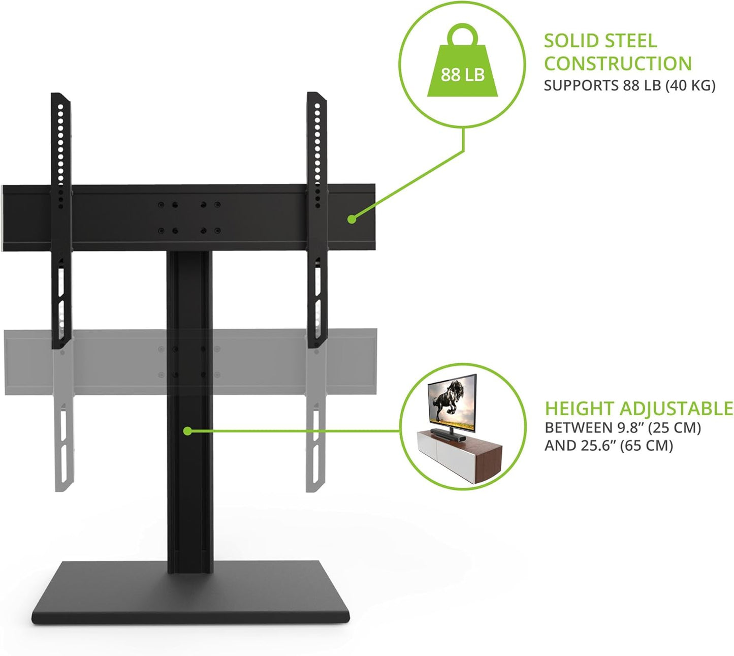 Kanto TTS100 Tabletop TV Stand for 37" to 60" TVs | Supports up to 88 lb | Height Adjustable | Swivels up to 30° | Tilts -5° | Black