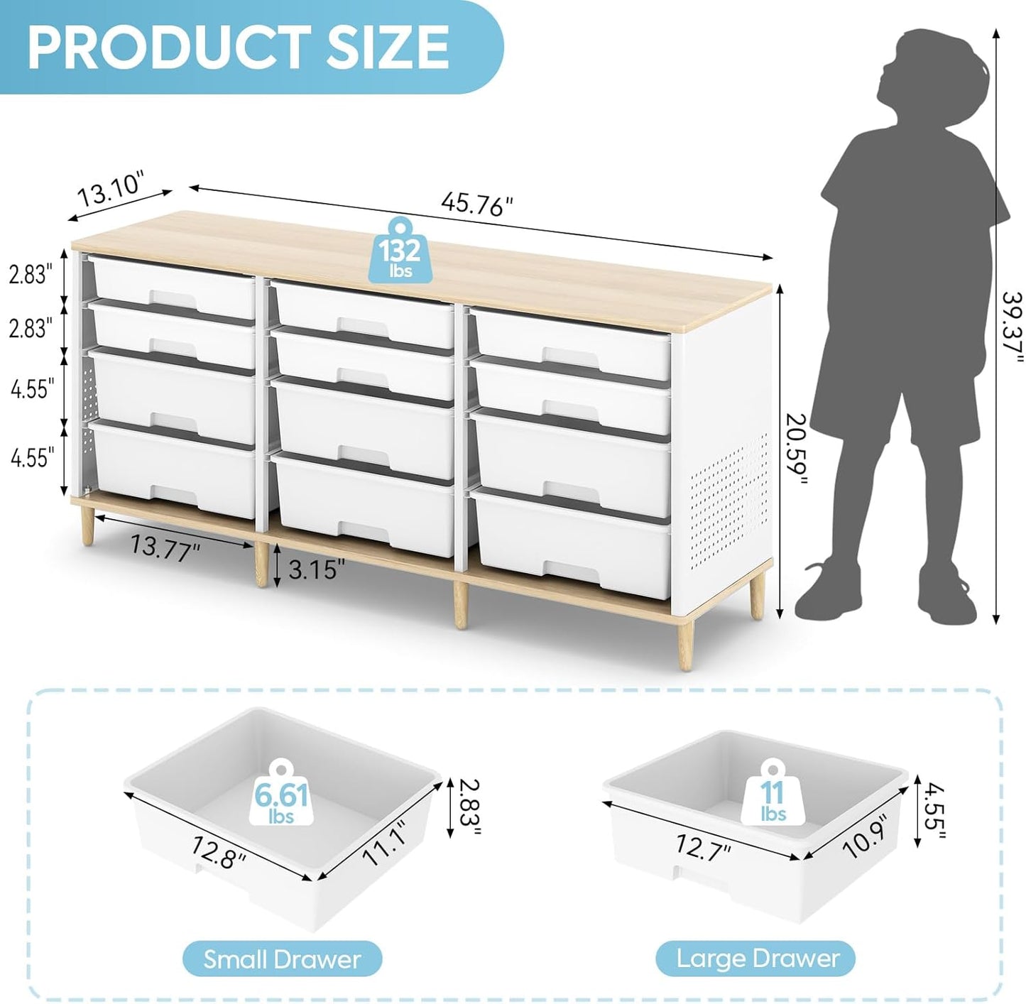 12-Drawer Storage Cabinet with Wooden Tabletop, Versatile Cube Storage Organizer Bin Storage for Home, Office, Playroom, Classroom & Craft Room Storage (White)
