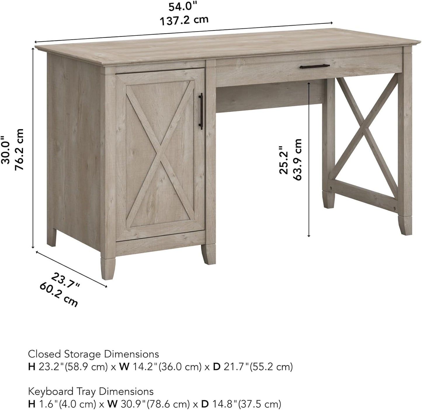 Bush Furniture Key West Computer Desk Farmhouse PC Table for Home Office, 54W w/Storage, Washed Gray