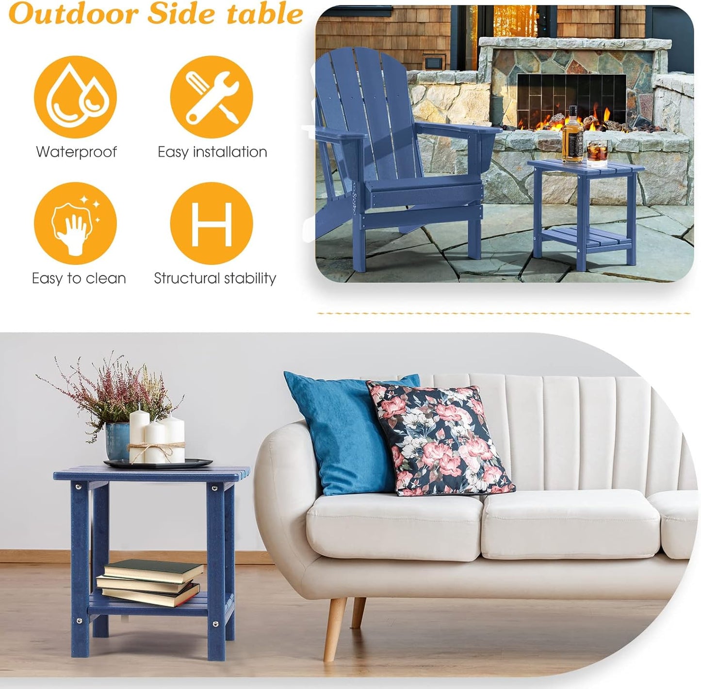 Adirondack Outdoor Side Table, 2-Tier Sturdy Patio End Table Weather Resistant, 16.5" Solid Side Table for Patio, Pool, Porch