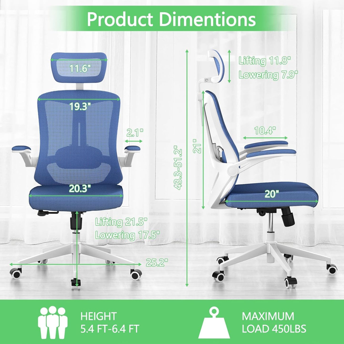 Home Office Chair,Ergonomic Big and Tall Office Desk Chair with Flip-up Arms/Headrest/Adjustable Lumbar Support/Tilt Function/450 lbs Heavy Duty Office Chair-Mesh (Blue)