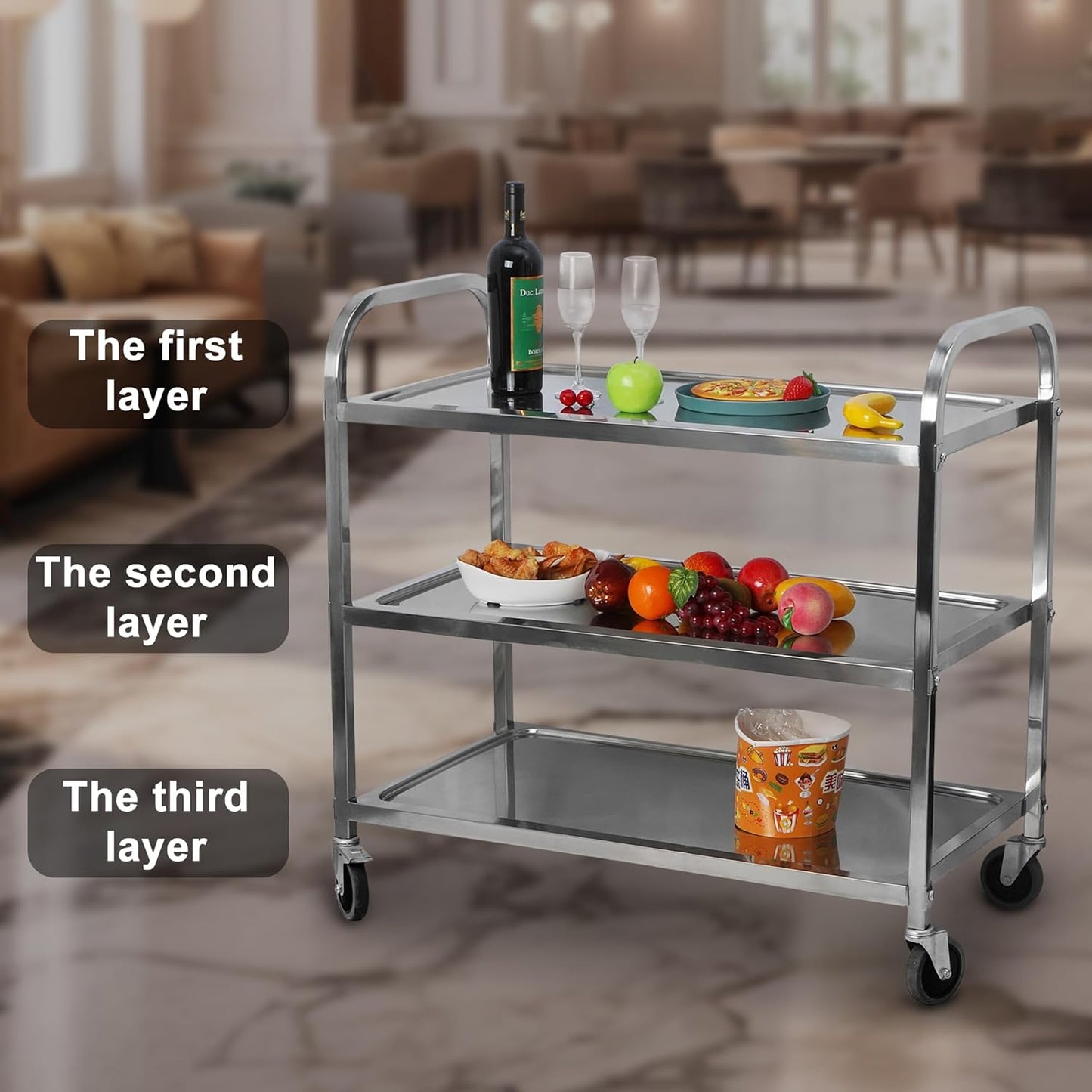 uyoyous 3 Tier Large Heavy Duty Stainless Steel Utility Cart 37"x20"x37" Industrial Serving cart with 360°Rotation Wheels Kitchen Island Stainless Steel Storage Trolley for Hotel Restaurant Home Use
