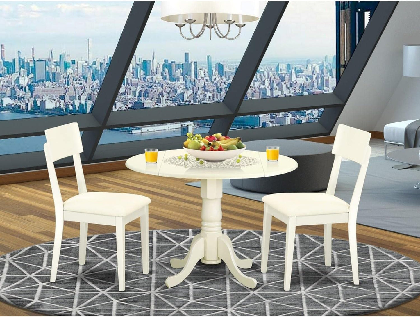 East West Furniture DLAD3-LWH-LC 3 Piece Dining Room Furniture Set Contains a Round Dining Table with Dropleaf and 2 Faux Leather Upholstered Chairs, 42x42 Inch, Linen White