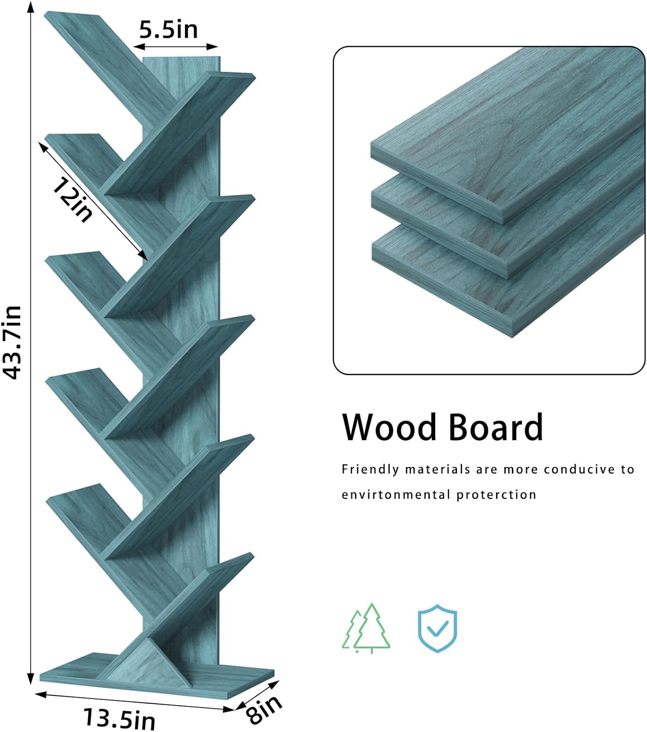 10 Tier Tree Book Shelf, Floor Standing Wood Bookshelf for Narrow Space, Storage Organizer Bookshelves for Books/CDs/Magazine, Bookcase with Shelves for Home Office, Living Room - Blue