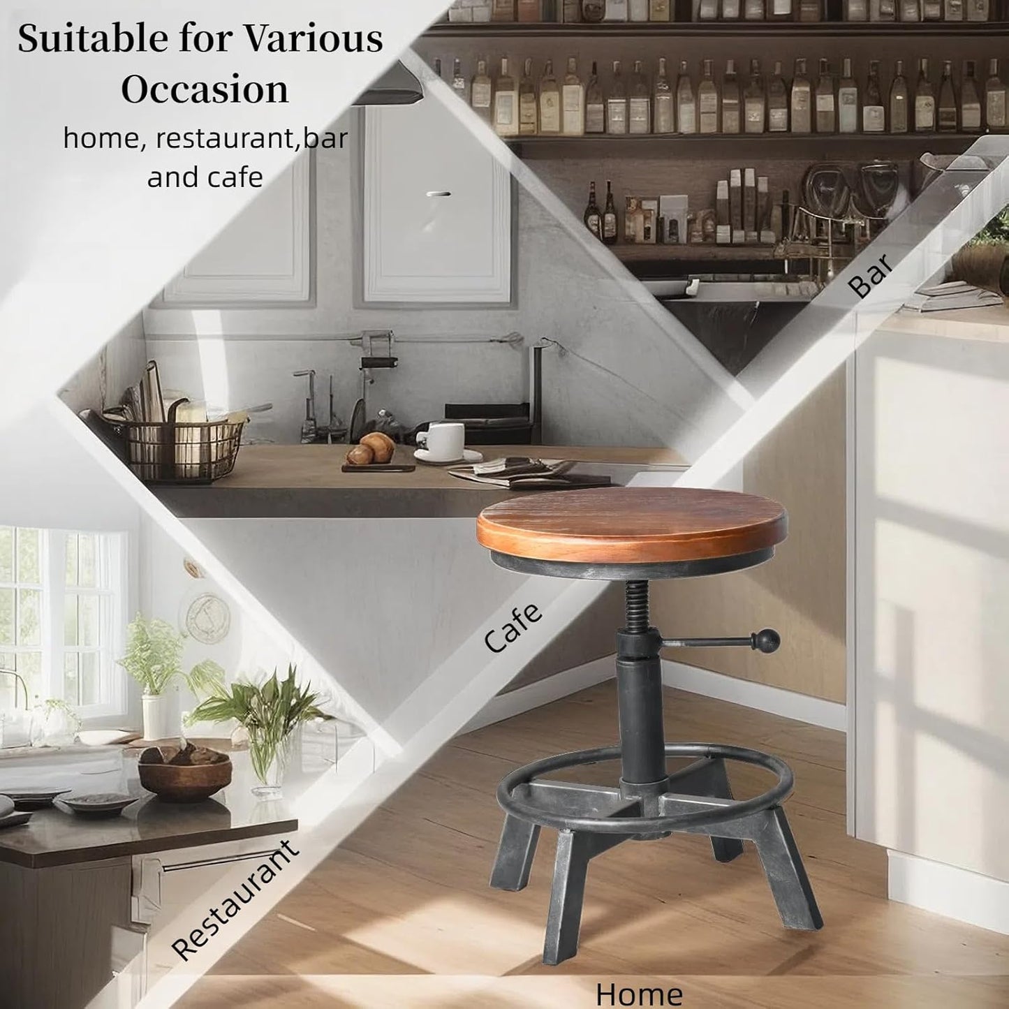 Set of 2-Industrial Bar Stool-Counter Height Chairs- Swivel Wooden Seat- Adjustable 15.2-21"