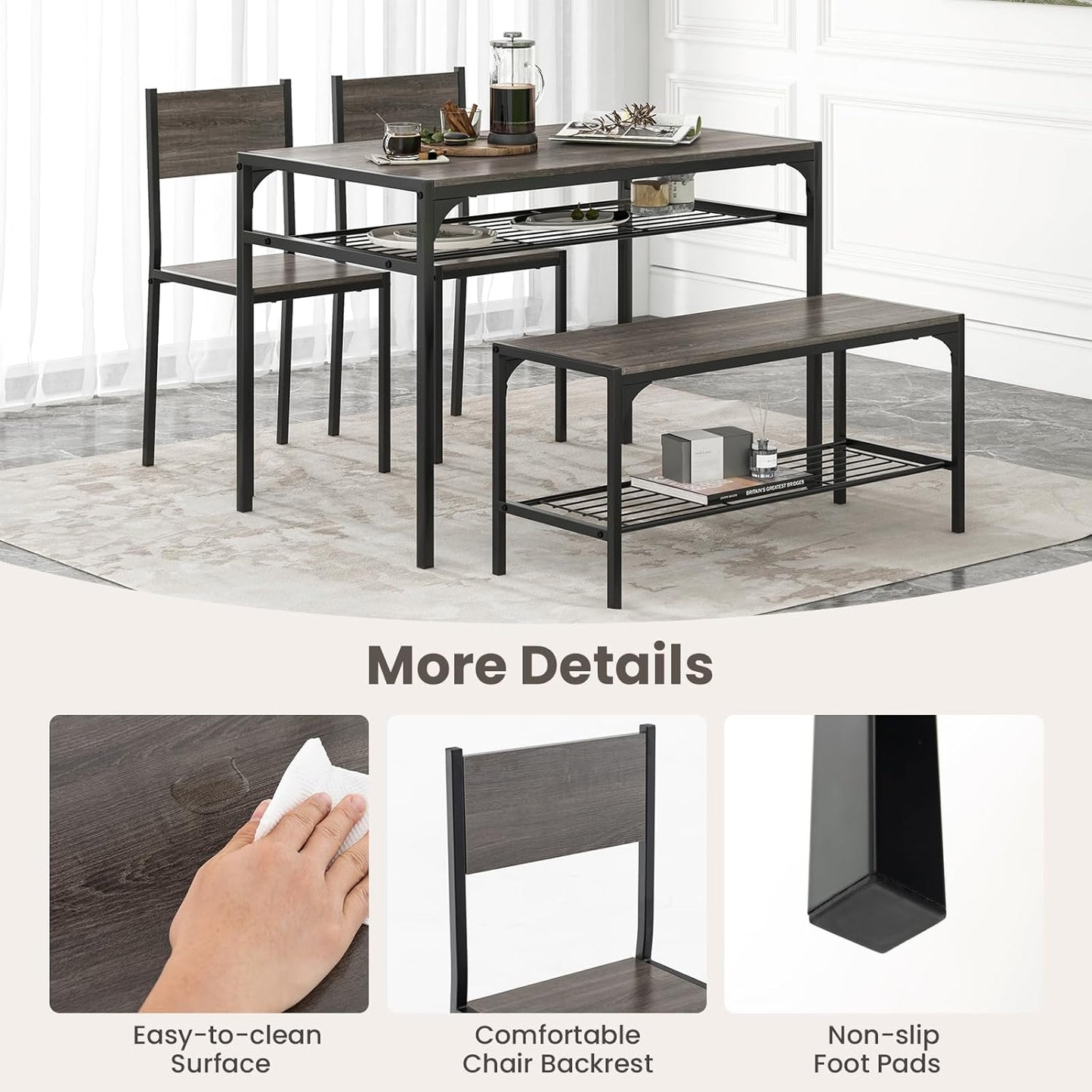 Giantex Dining Table Set for 4, Kitchen Table with Chairs & Bench, Storage Racks, Metal Frame, 4-Piece Space-Saving Dinette Set for Dining Room, Breakfast Nook, Small Space, Apartment, Grey