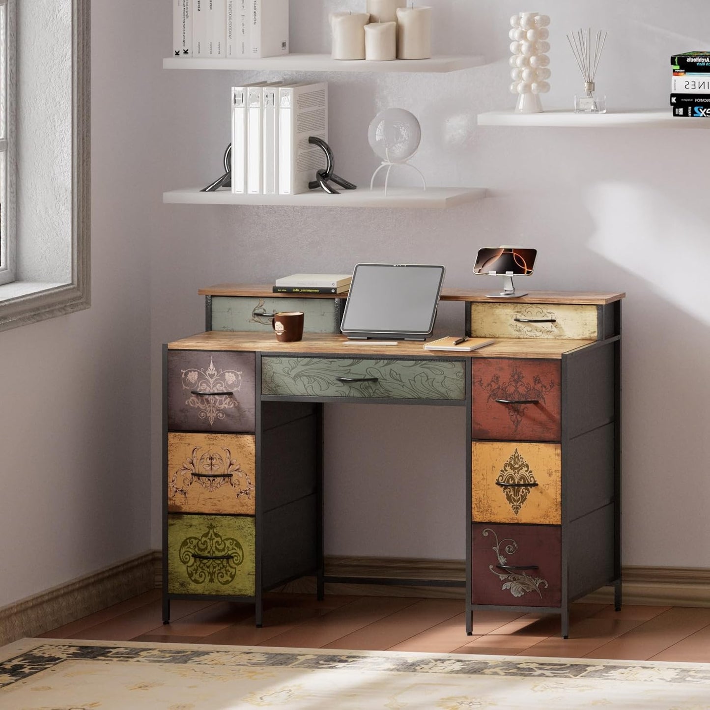 Dresser for Bedroom with 9 Drawers & 2 Open Shelves, Fabric Storage Cabinet, Chest of Drawers, Long Dresser for Closet, Wooden Top & Metal Frame, Pattern