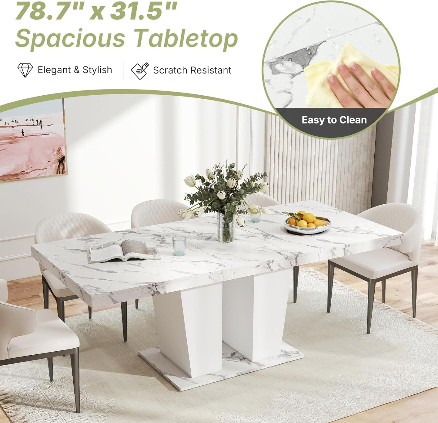 63"-78.7" Expandable Dining Table, 6-10 Farmhouse Kitchen Table, Extendable Console Table, Wooden Farmhouse Kitchen Table with Metal Track & Dual Column Base for Dining Room, Office-White