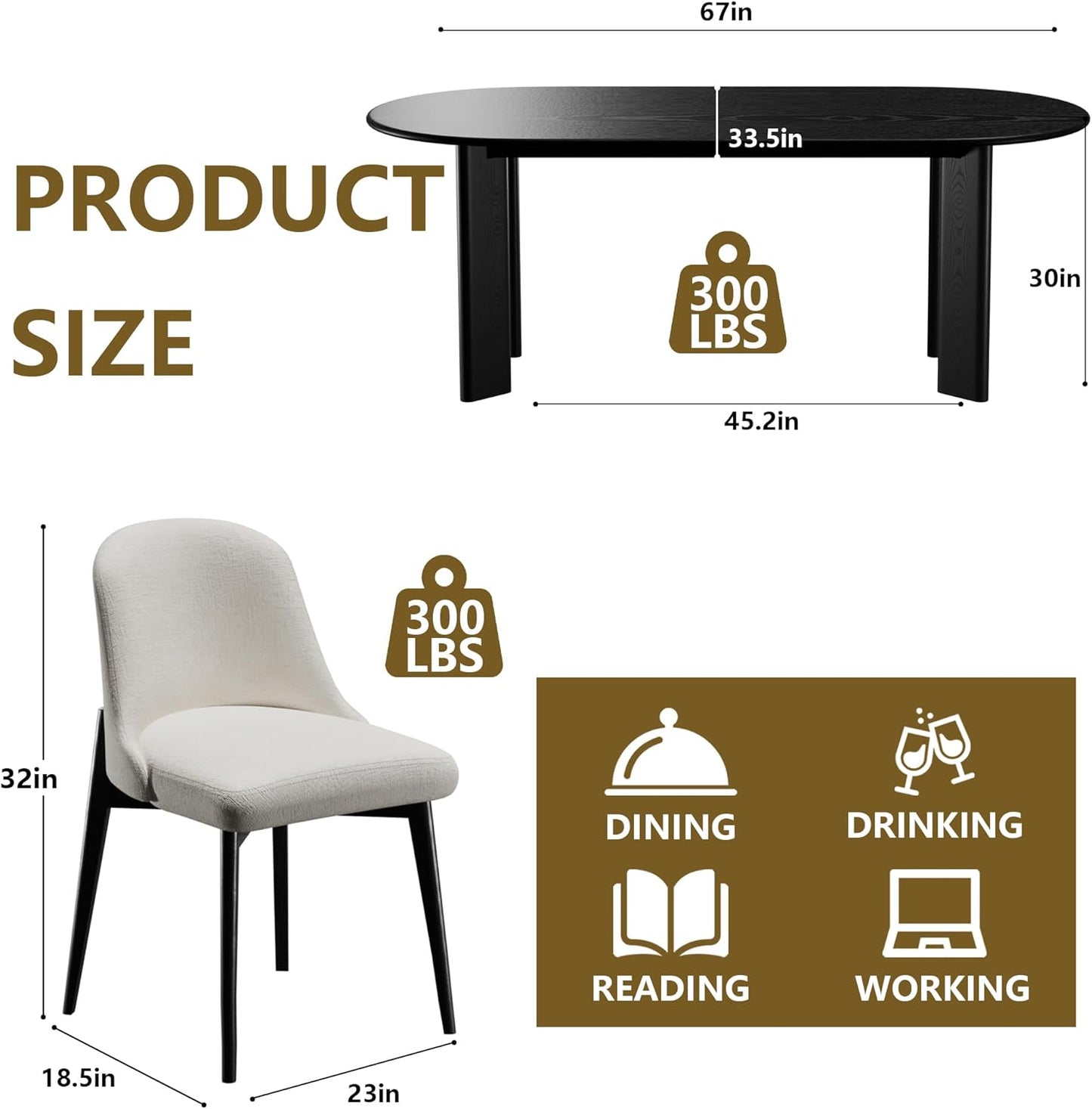 Casaphoria Wood Kitchen Table Set with 6 Chairs, 67" Dining Kitchen Table & Chairs Set for 4-6, Modern Farmhouse Oval Dining Table for Living Room, Easy Assembly, Black