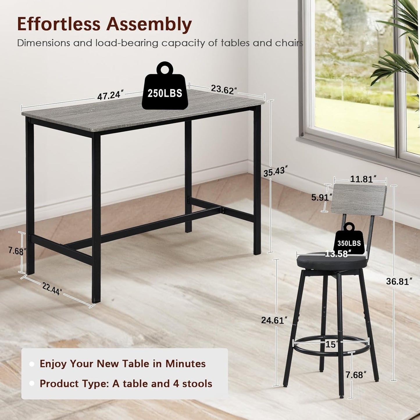 Tatub Bar Table and Stools Set of 4, 5 Piece Counter Height High Breakfast Table Chairs Set of 4 for Dining Room, Gray