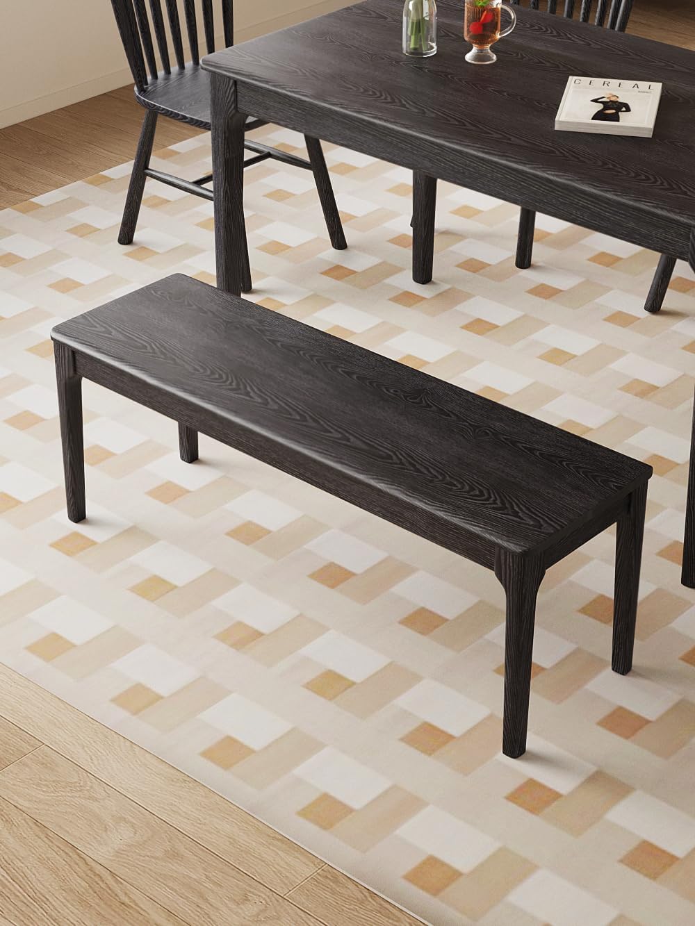 Dining Bench, Wood Bench Solid Oak Wooden Bench Indoor Dining Room Table Home Bedroom Bed End Restaurant Modern Hallway Furniture (Black, 60" W x 13.8" D x 17.7" H)