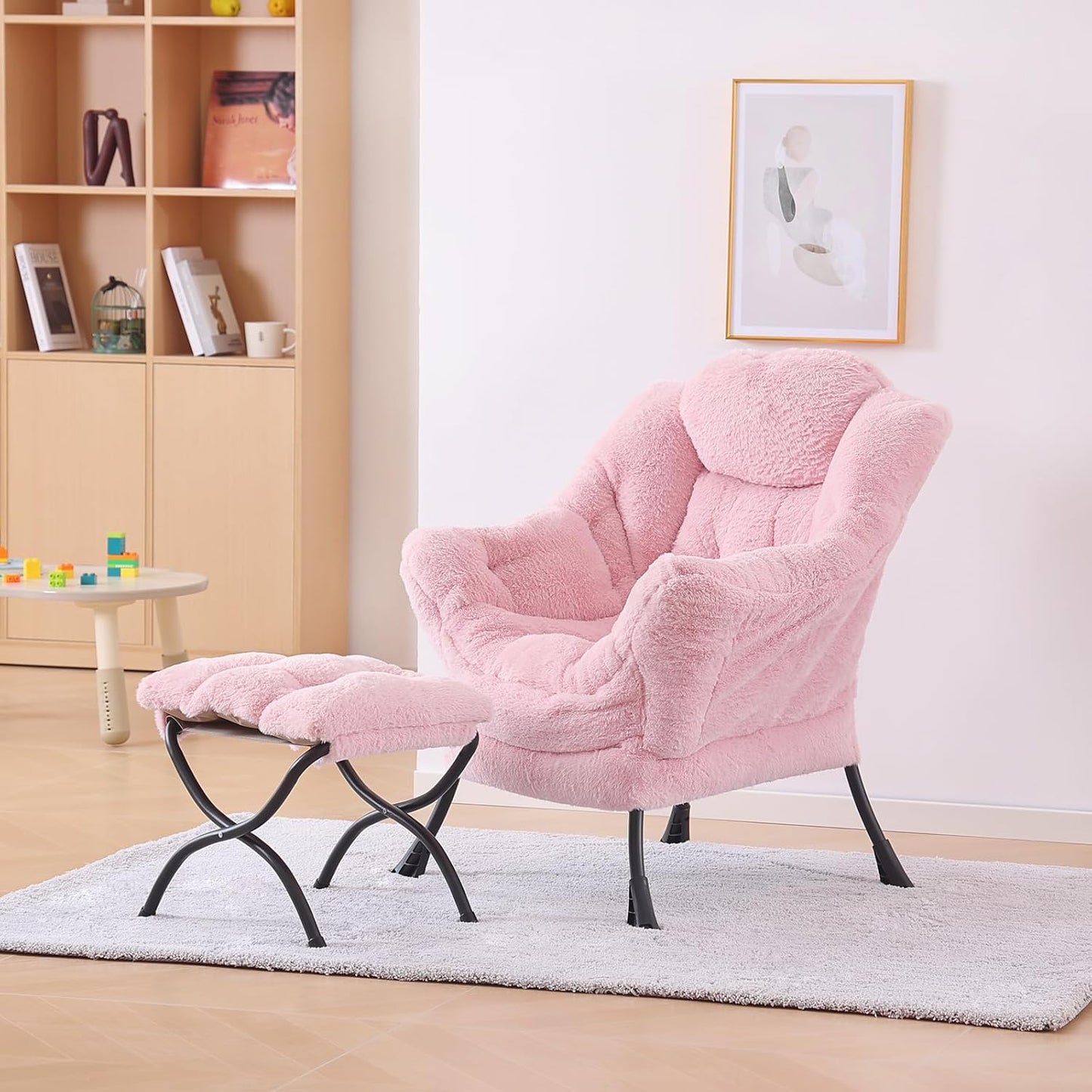 Plush Lazy Chair and Ottoman, Large Contemporary Accent Lounge Chair with Armrests and a Side Pocket, Modern Leisure Upholstered Sofa Reading Armchair with Footrest for Bedroom, Living Room
