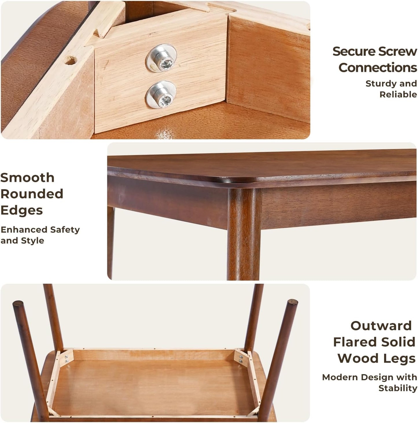 DELAVIN 47.2" Solid Wood Dining Table, Mid Century Modern Wooden Kitchen Table, Farmhouse Dining Room Table, Easy Assembly, Walnut, 47.2" L x 29.5" W