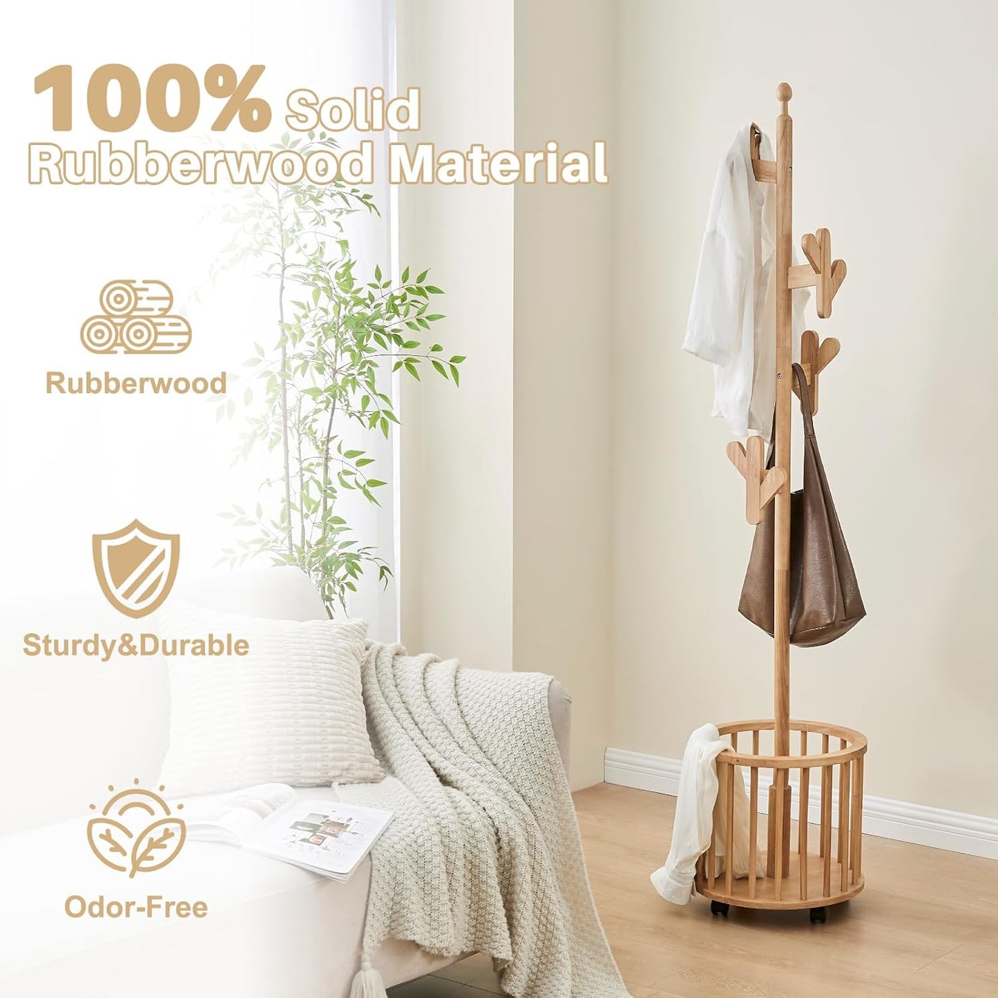Uniclinens Solid Wood Coat Rack Freestanding with Umbrella Holder, Tree Coat Rack Stand with Lockable Universal Casters & 12 Hooks for Entryway Bedroom, Natural