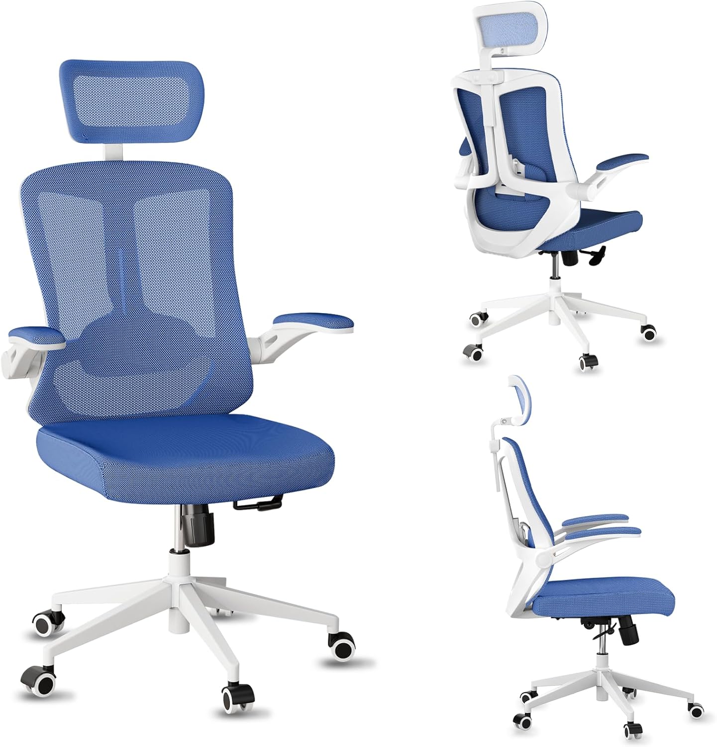 Home Office Chair,Ergonomic Big and Tall Office Desk Chair with Flip-up Arms/Headrest/Adjustable Lumbar Support/Tilt Function/450 lbs Heavy Duty Office Chair-Mesh (Blue)