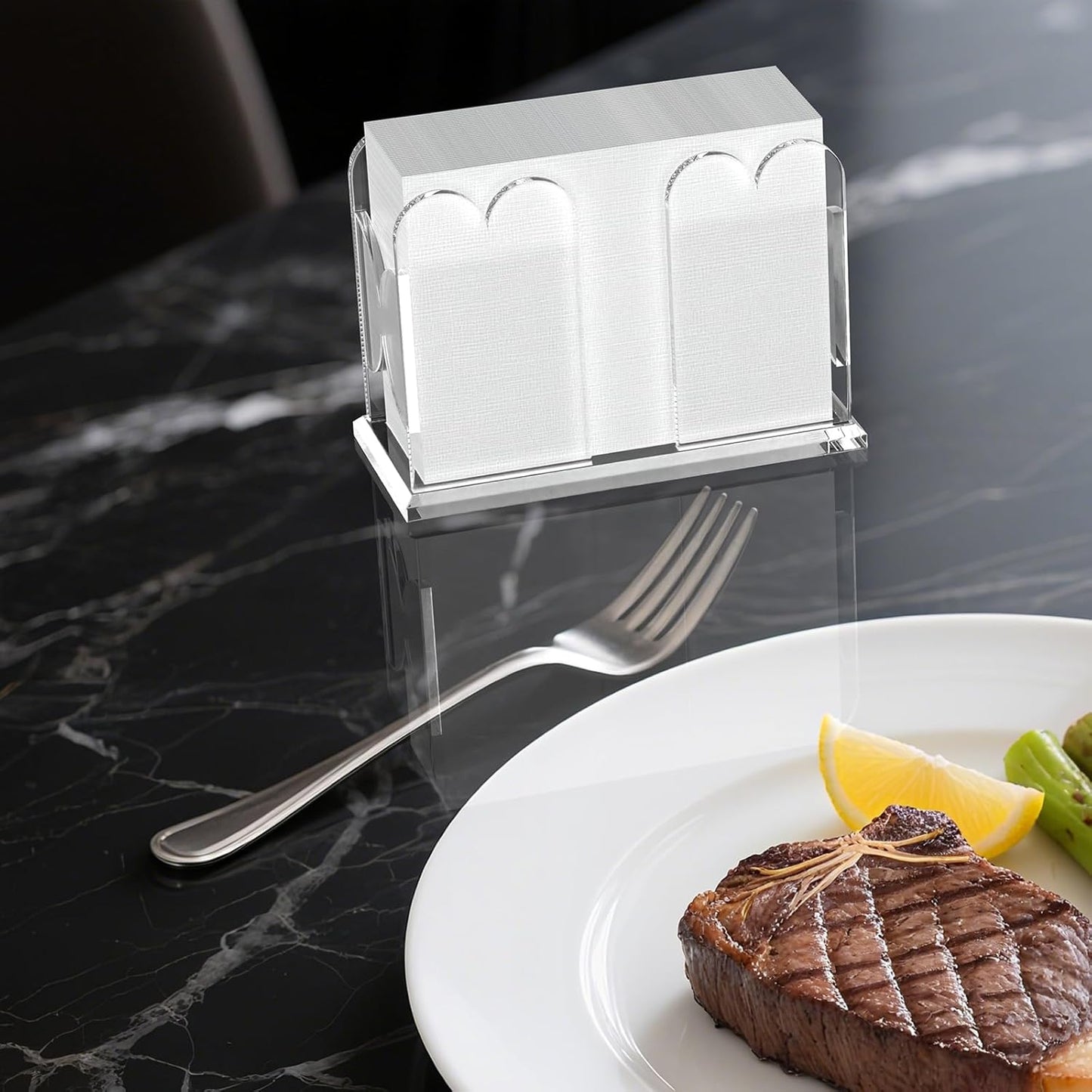 LUGUNU Acrylic Cocktail Napkin Holder-Clear Scalloped Napkin Dispenser for Bar,Bathroom, Kitchen, Dining Room–Stylish Freestanding Guest Towel Napkin Holder for Weddings, Hotels, and Home Decor