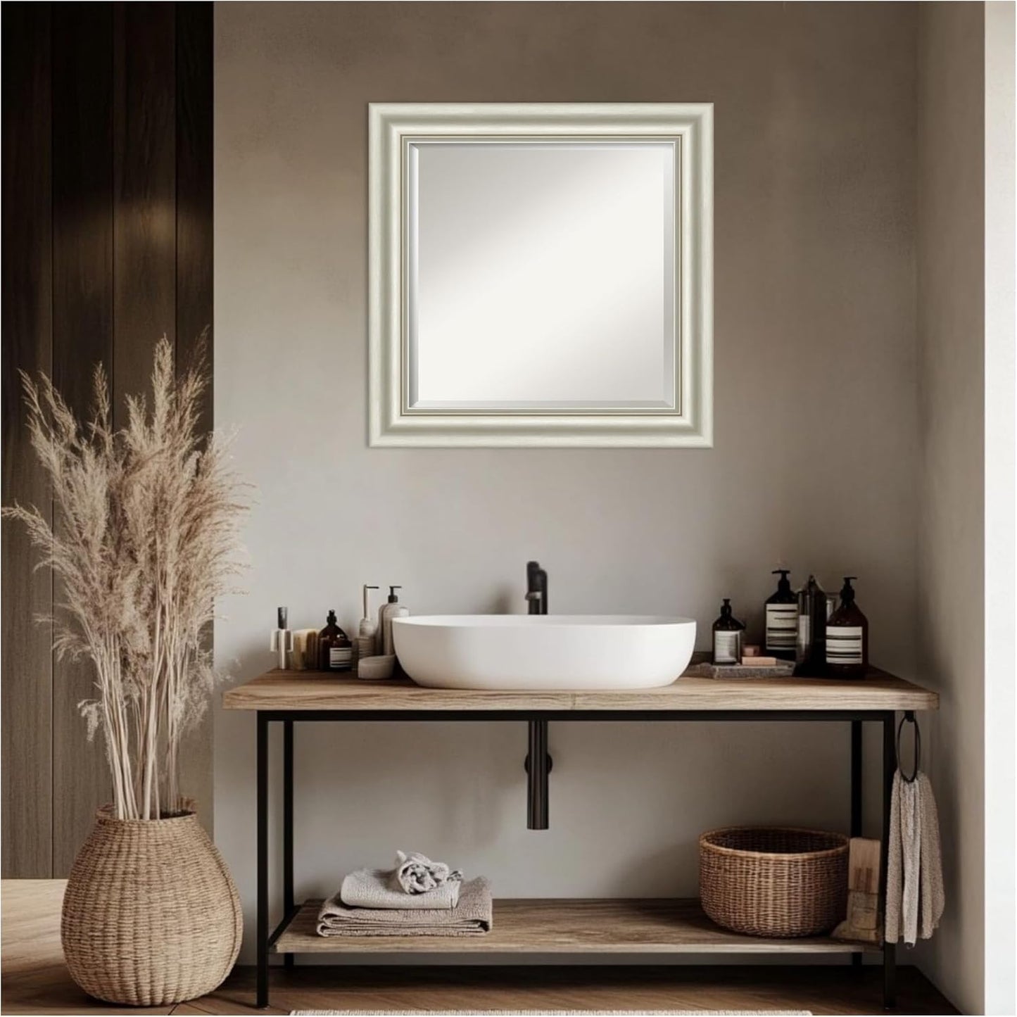 Amanti Art Bathroom Mirror for Over Sink, 26x26 Sophia Silver Square Vanity Mirror, Medium Traditional Frame, Hangs Horizonally and Vertically, Bathroom Wall Decor, Beveled Edge