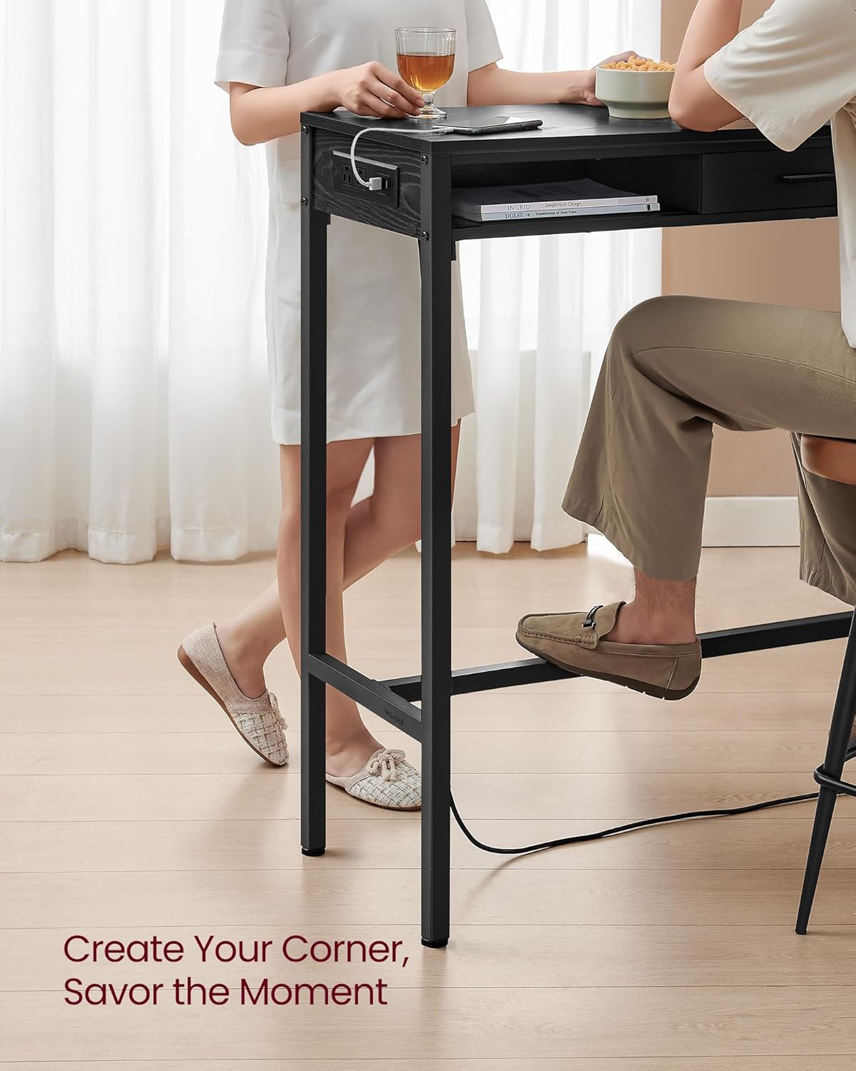 VASAGLE Bar Table with Power Outlets, 39.4 Inches Long Bar Height Pub Table, Rectangular High Top, with Movable Drawer, 2 Hooks, Narrow Storage for Kitchen, Dining, Entryway, Ebony Black