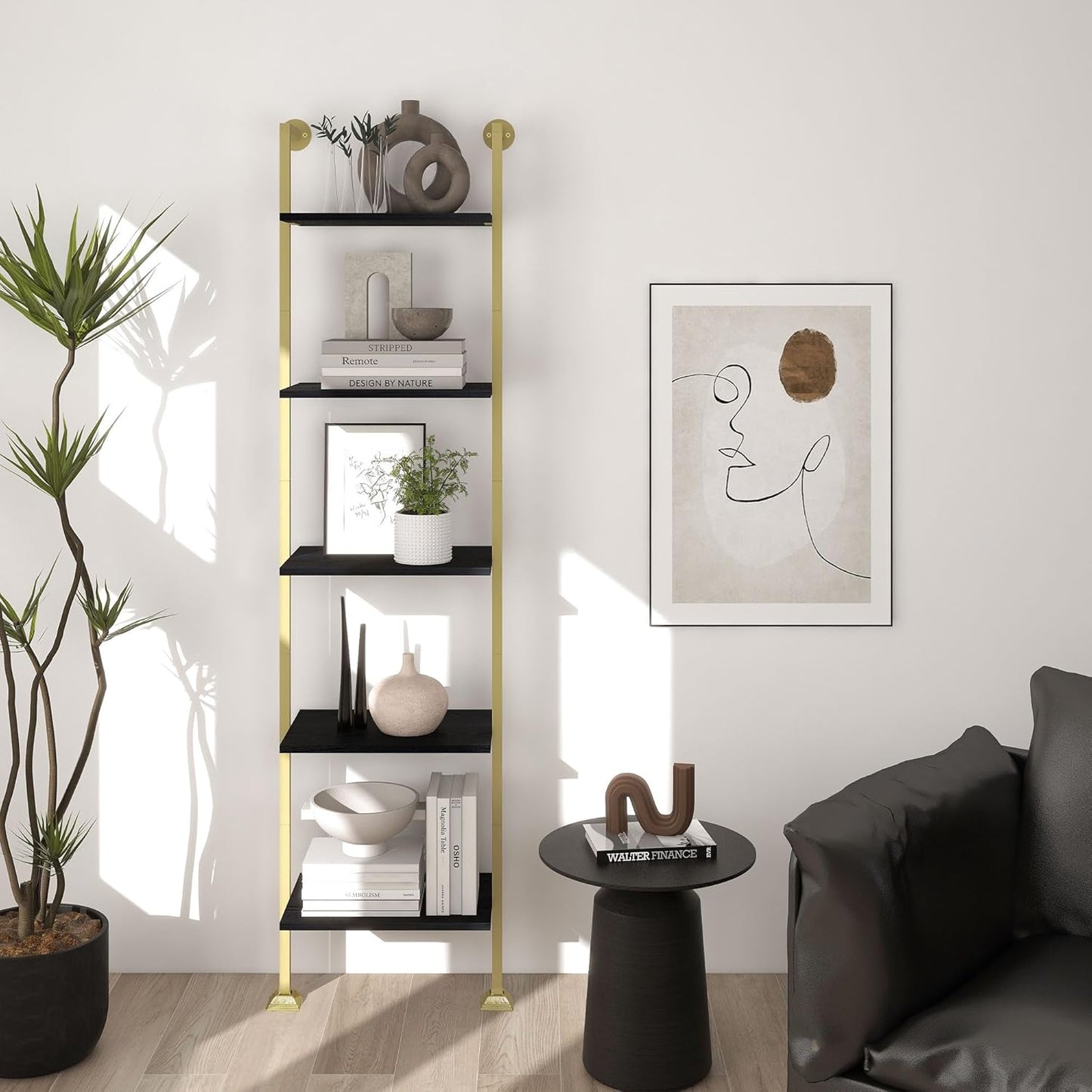 Axeman 5-Tier Ladder Bookcase, Tall Narrow Bookshelf for Small Spaces, Modern Book Storage Organizer Case Open Shelves for Bedroom, Living Room, Office, Library, Gold Metal Frame and Blakc Shelf