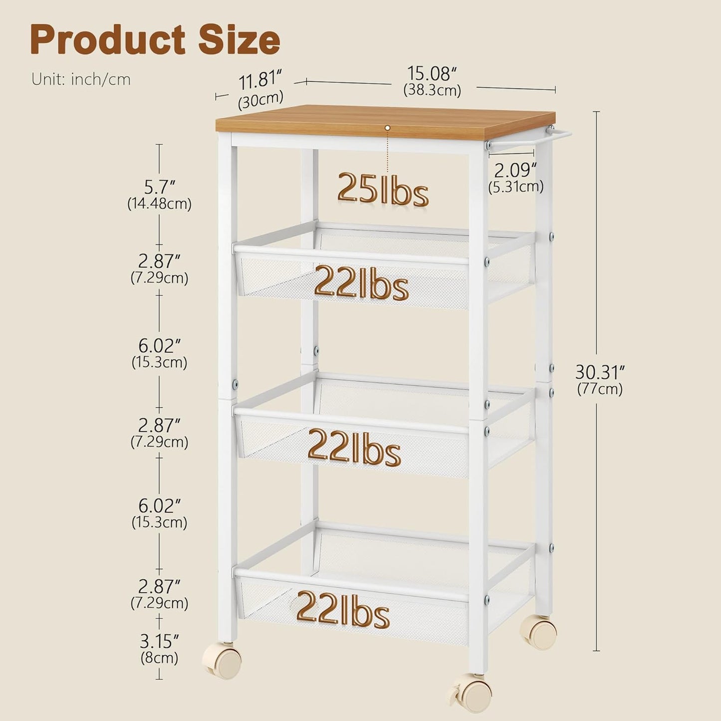 Hoctieon Rolling Storage Cart, 4-Tier Wide Panel Rolling Kitchen Storage Cart, Utility Cart with Handle & Wheels, Mobile Shelving Unit, Metal Frame Narrow Cart for Home Kitchen, Laundry, Oak Beige
