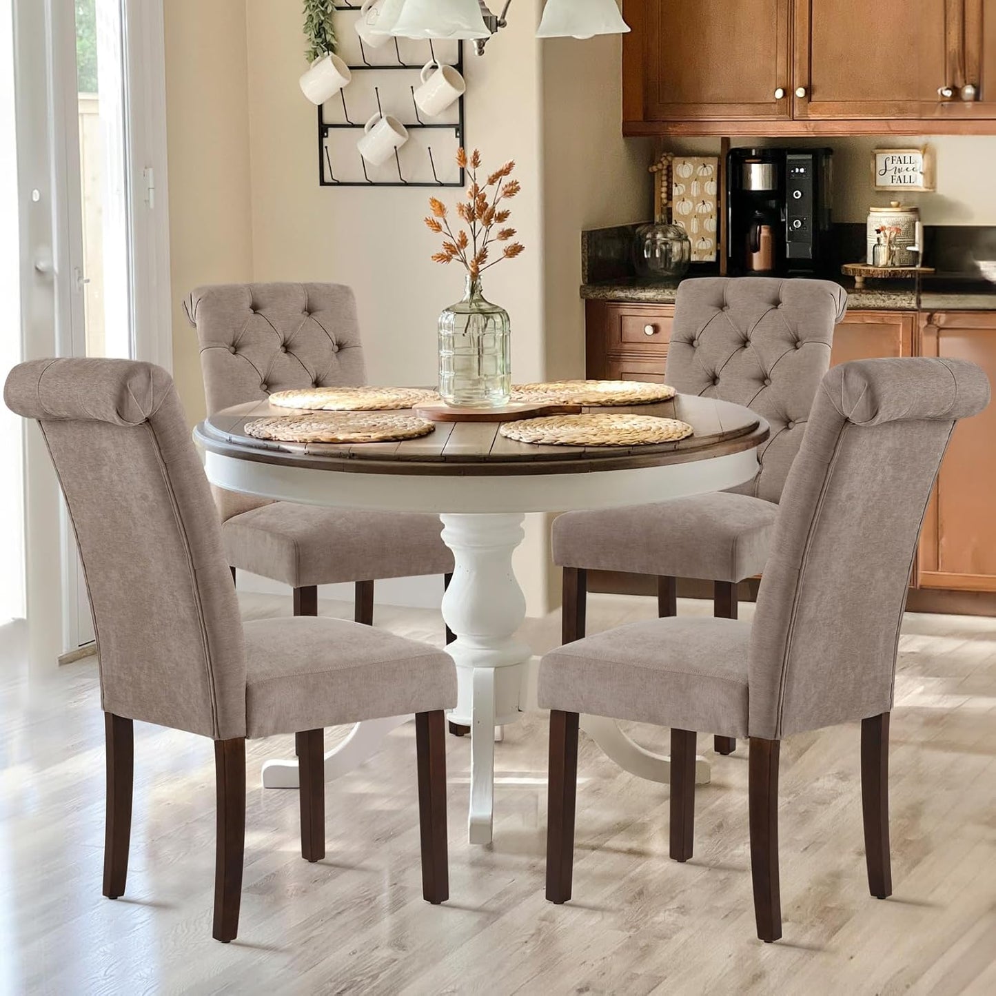 COLAMY Button Tufted Dining Chairs Set of 6, Parsons Upholstered Fabric Dining Room Chairs Kitchen Chairs with Wood Legs and Padded Seat, Taupe