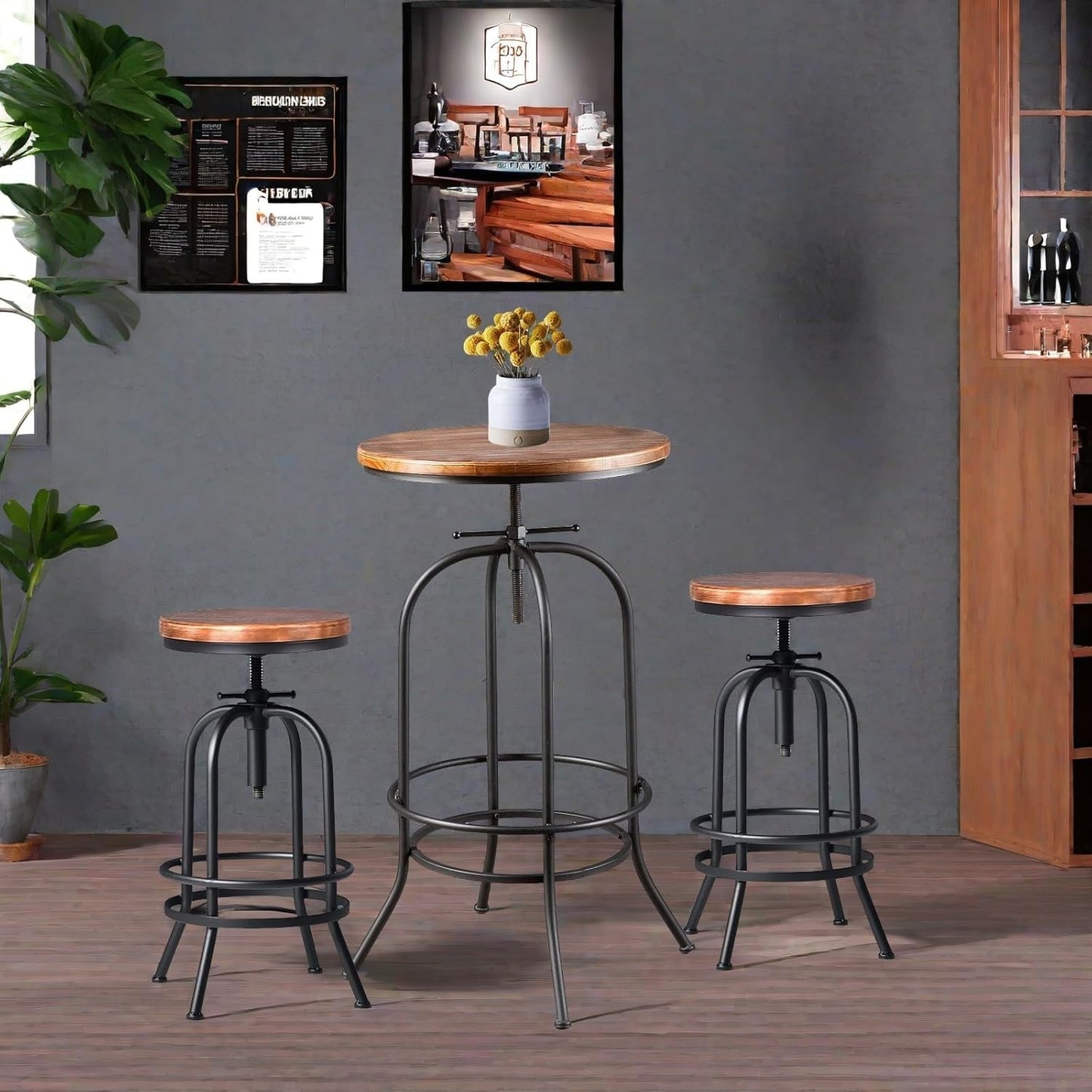 Industrial Bar Table Height Adjustable 37.4-45.3inch Vintage Swivel Pub Tables Solid Wood Top Metal Base with Footrest