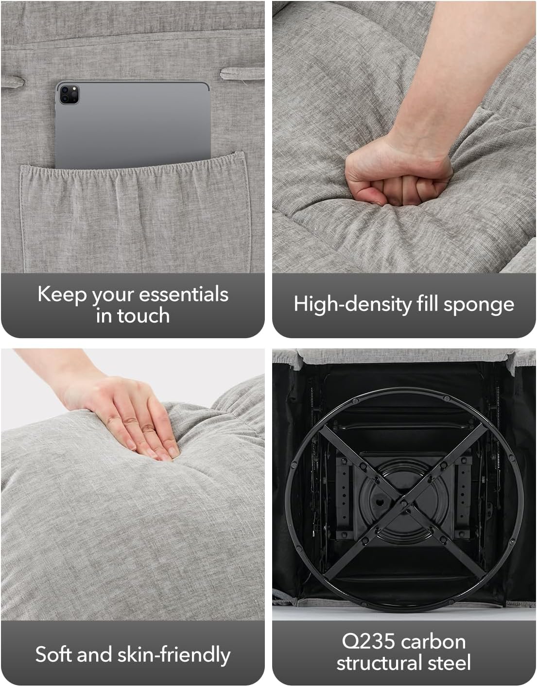 Rocking Recliner Chair,360° Swivel Rocker Chair for Living Room,Upholstered Fabric Glider Nursery Chair with Side Pockets for Small Spaces,Q235 Steel Frame Lazy Boy Recliner Single Sofa(Grey)