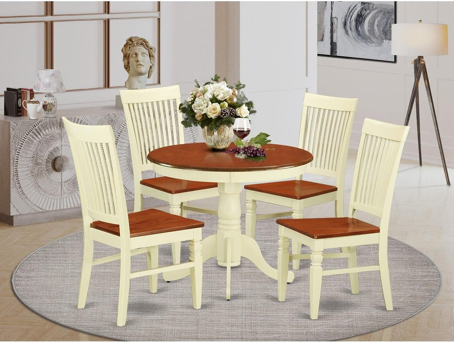 East West Furniture ANWE5-BMK-W 5 Piece Dining Room Table Set Includes a Round Wooden Table with Pedestal and 4 Kitchen Dining Chairs, 36x36 Inch, Buttermilk & Cherry