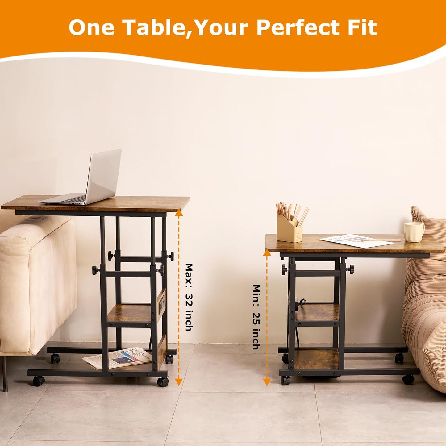 C Shaped End Table Height Adjustable - Couch Side Table with Charging Station, TV Tray with Wheels Slide Under Sofa for Small Spaces, Living Room Bedroom, Rustic Brown