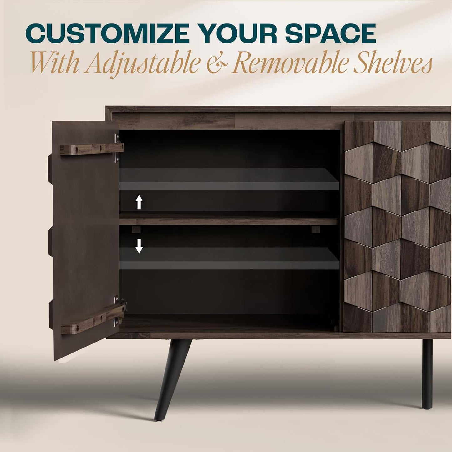 Bme Georgina Solid Wood Sideboard with Geometric Pattern, 2 Doors and 3 Drawers, 61 Inch Mid Century Modern Sideboard Cabinet for Kitchen, Dining Room, Living Room, Mocha