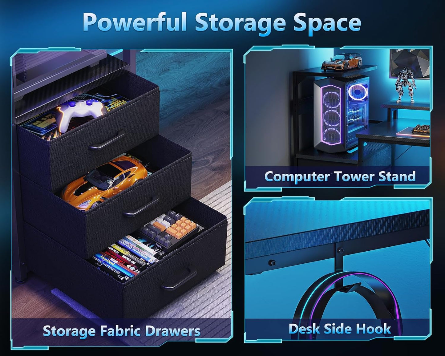 AODK 52 Inch Gaming Desk with USB Charging Ports & LED Light- Reversible Computer Desk with Storage Shelves & Monitor Stand, Modern Gamer Desk Table with Fabric Drawers & Side Hook, Carbon Fiber Black