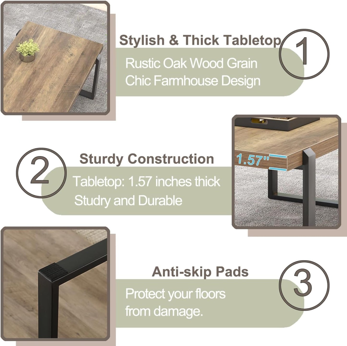 FOLUBAN Coffee Table, Modern Rustic Wood and Metal Center Table, Industrial Cocktail Tea Table for Living Room, Oak, 44 Inch